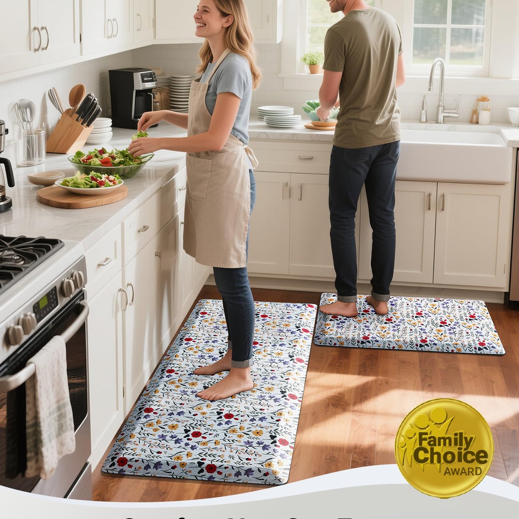 Ophanie 20" x 48" Anti-Fatigue Cushioned Non-Slip Waterproof Kitchen Mat 3/4" Thick - White Flower-zoom-1