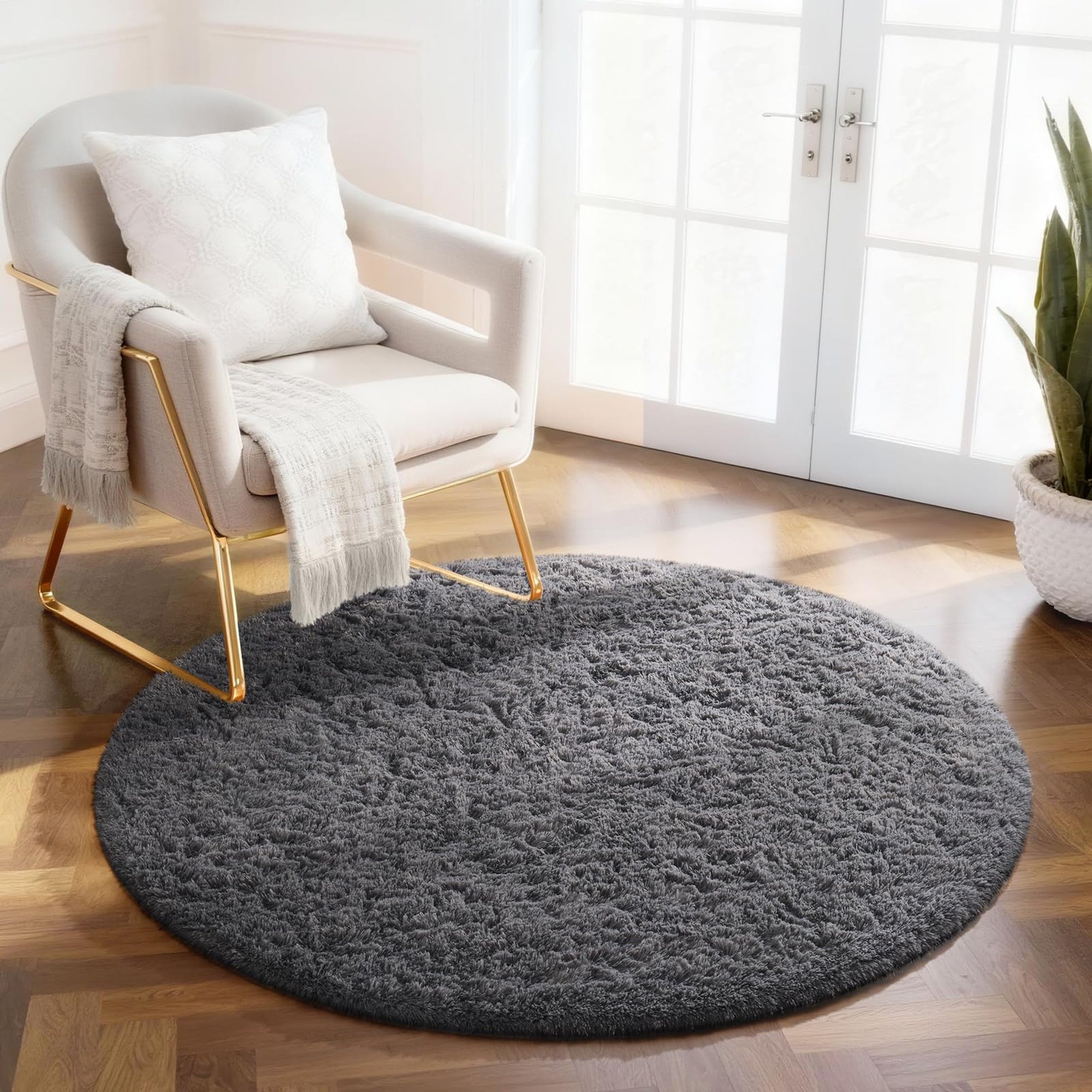 Ophanie 2' Round Fluffy Shaggy Area Rug, Grey, for Bedroom