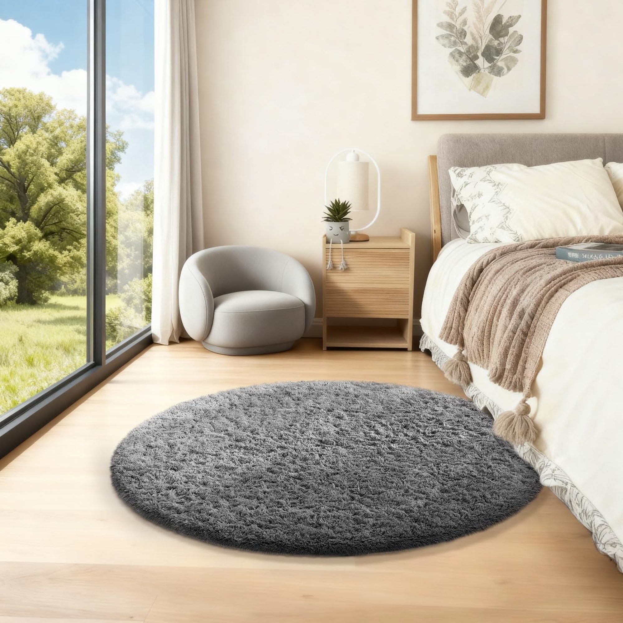 Ophanie 2' Round Fluffy Shaggy Area Rug, Grey, for Bedroom-zoom-4