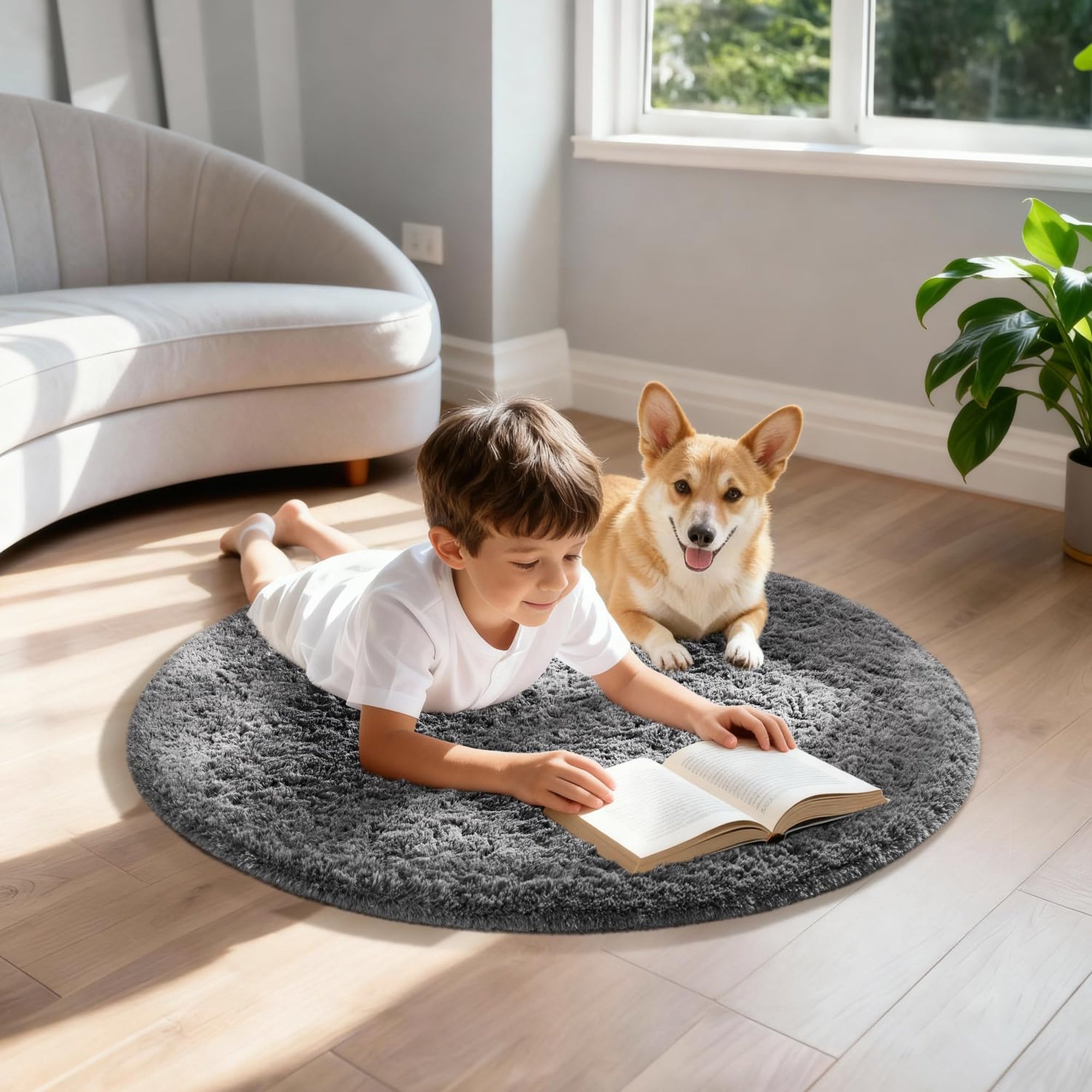 Ophanie 2' Round Fluffy Shaggy Area Rug, Grey, for Bedroom-zoom-6