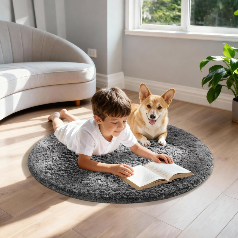 Ophanie 2' Round Fluffy Shaggy Area Rug, Grey, for Bedroom-zoom-
