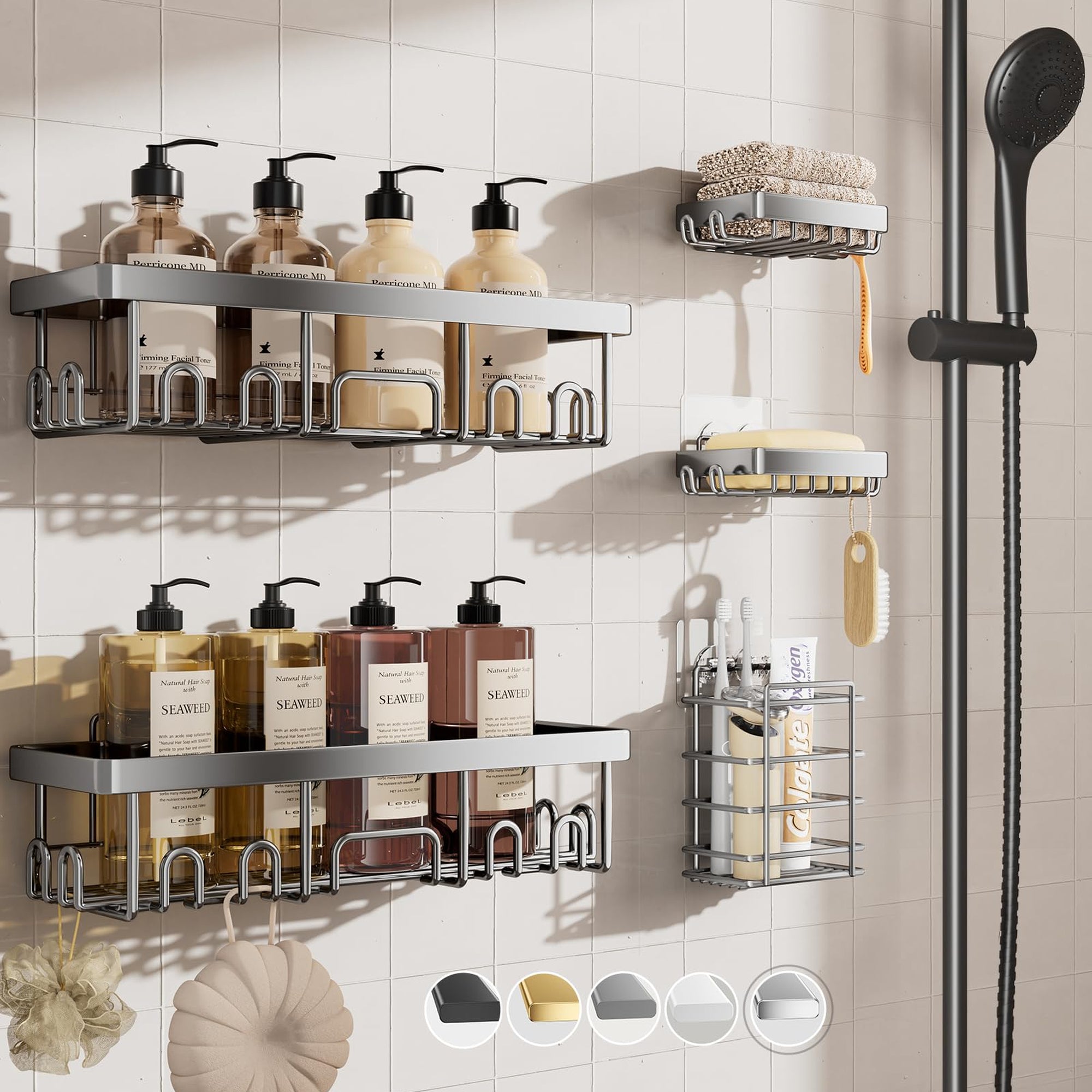 Veken 5-Piece Adhesive Shower Caddy Set, No-Drill Rust-Resistant Shower Shelves with Soap and Toothbrush Holders