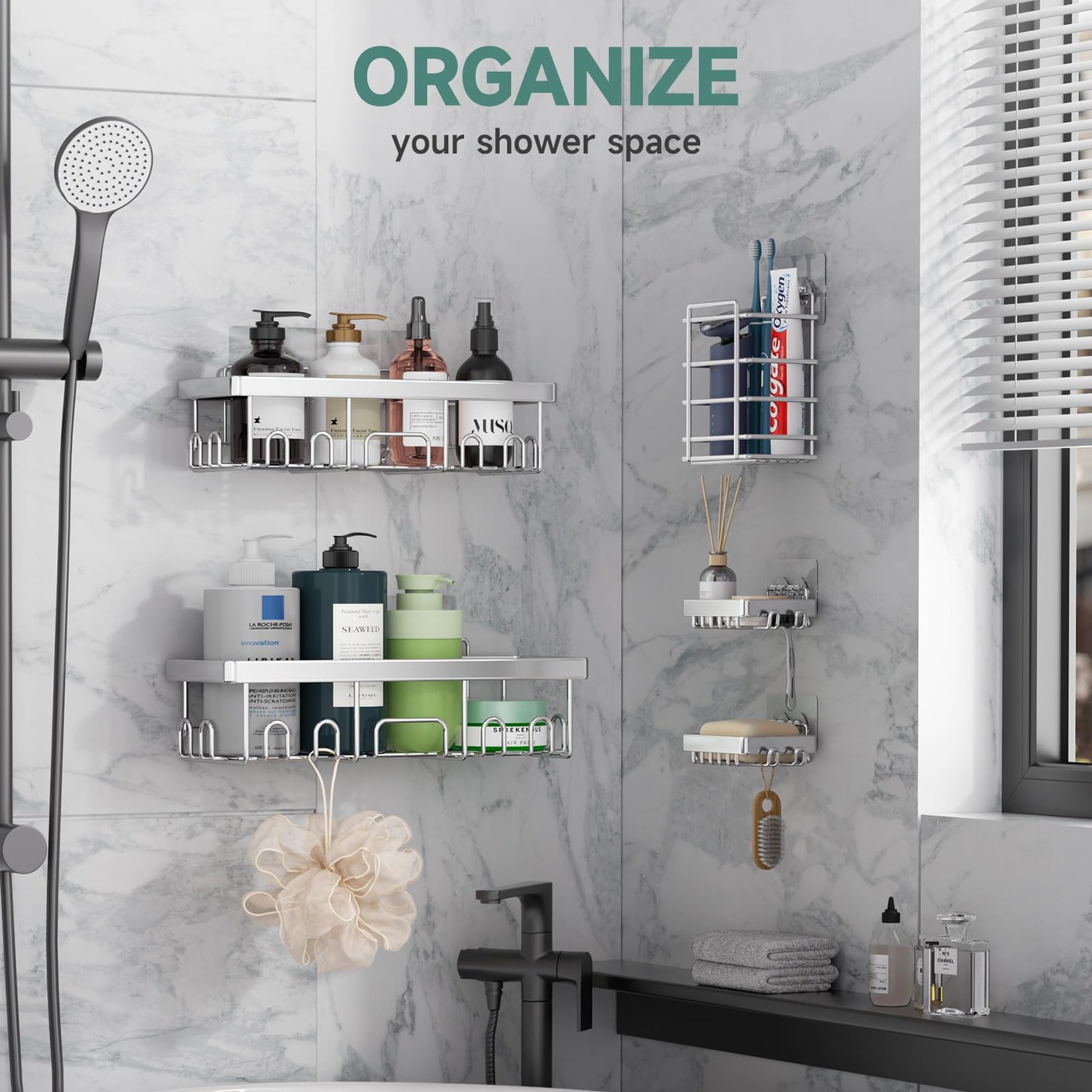 Veken Adhesive Shower Caddy Set, No-Drill Rust-Resistant Shower Shelves with Soap and Toothbrush Holders-9