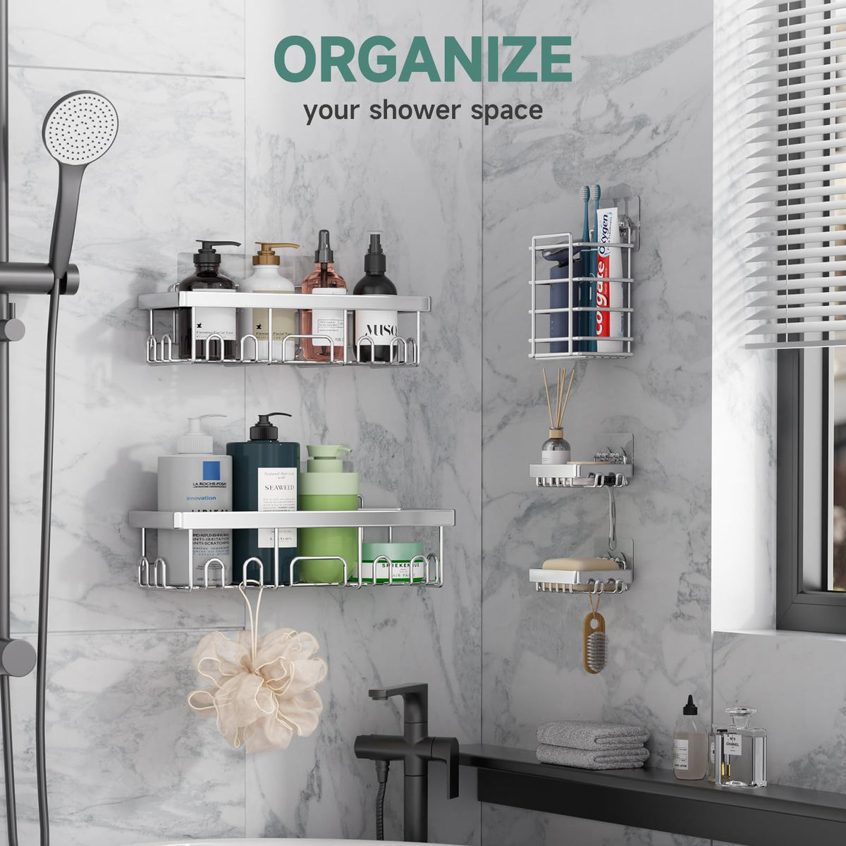 Veken Adhesive Shower Caddy Set, No-Drill Rust-Resistant Shower Shelves with Soap and Toothbrush Holders-zoom-9