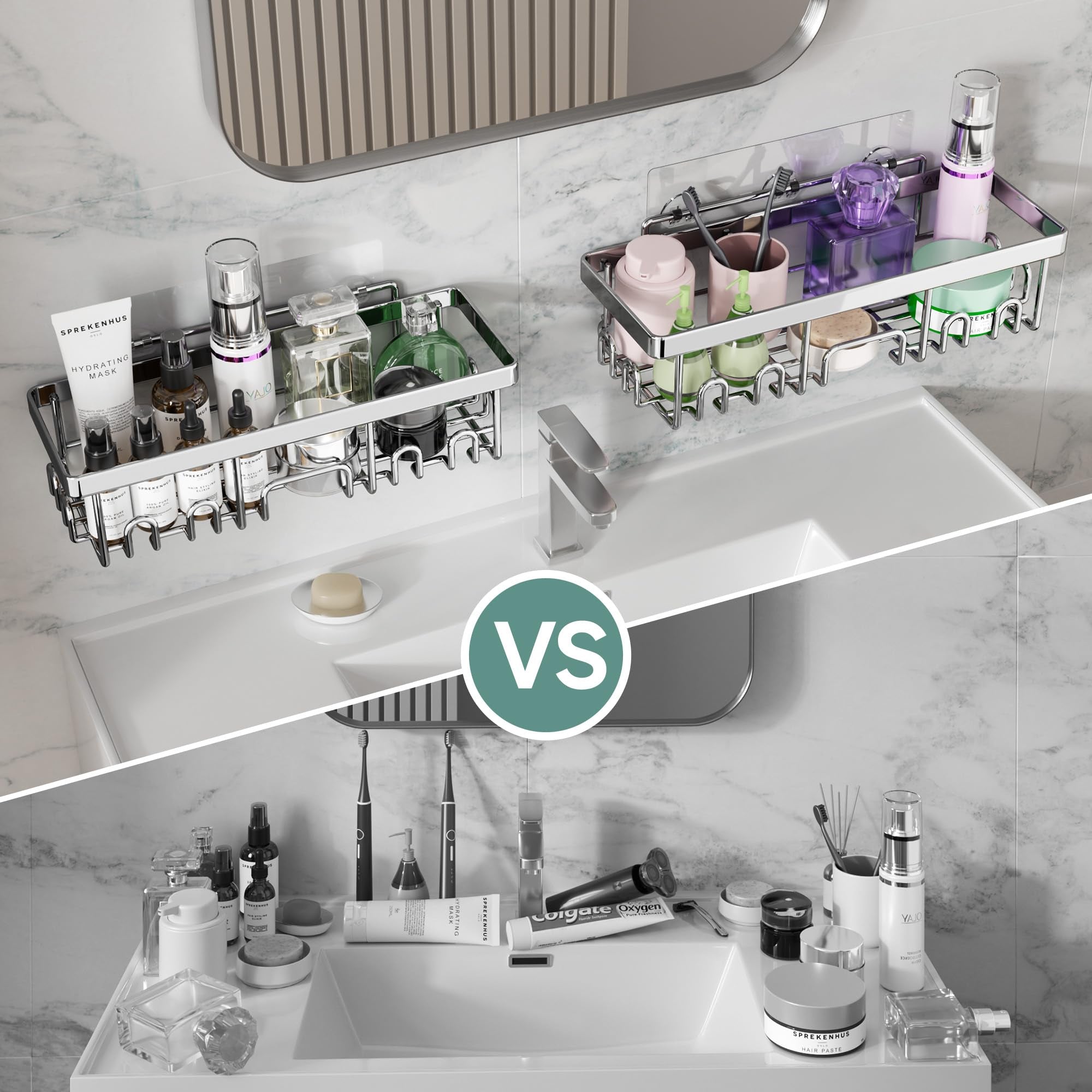 Veken 5-Piece Adhesive Shower Caddy Set, No-Drill Rust-Resistant Shower Shelves with Soap and Toothbrush Holders-zoom-6