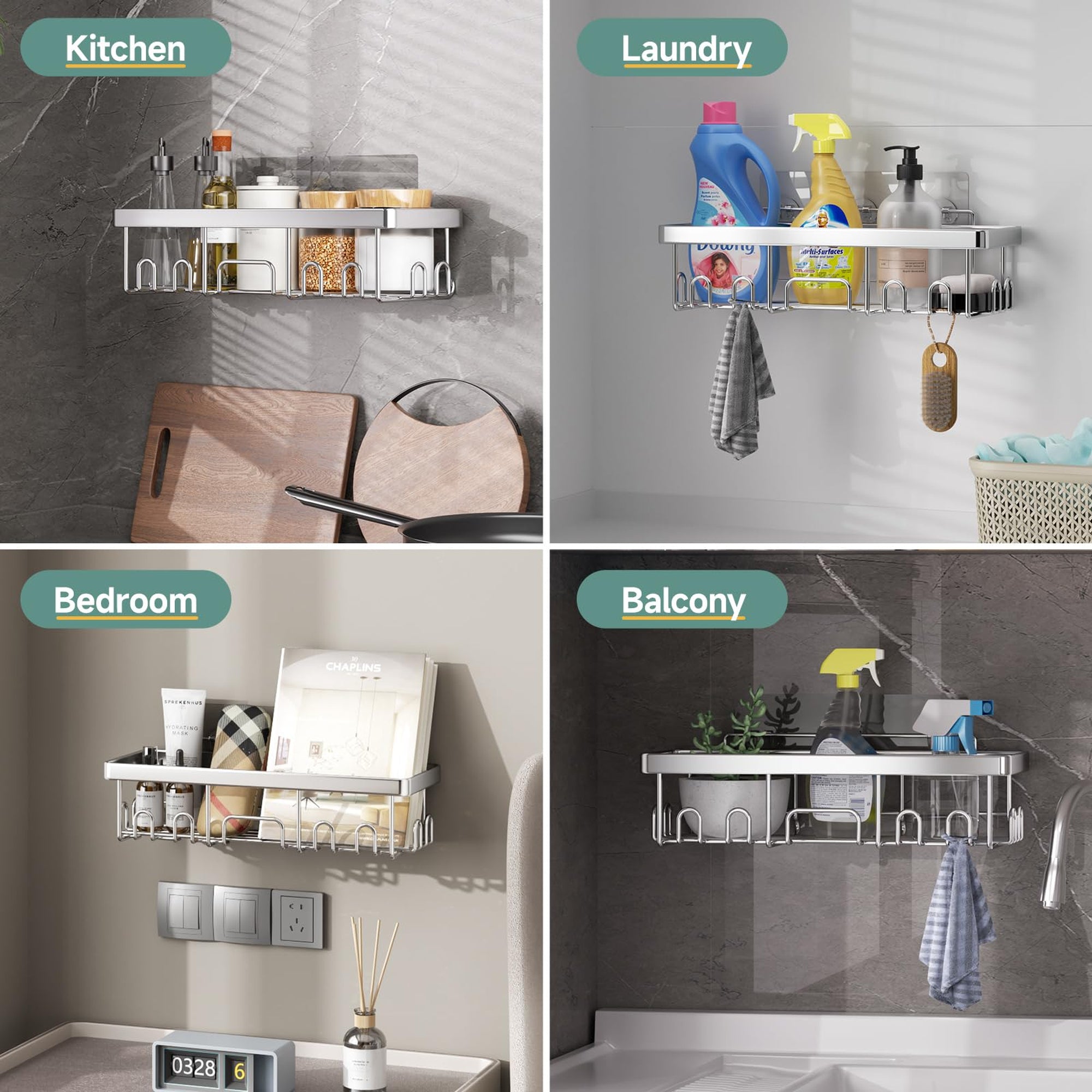 Veken 5-Piece Adhesive Shower Caddy Set, No-Drill Rust-Resistant Shower Shelves with Soap and Toothbrush Holders-zoom-7