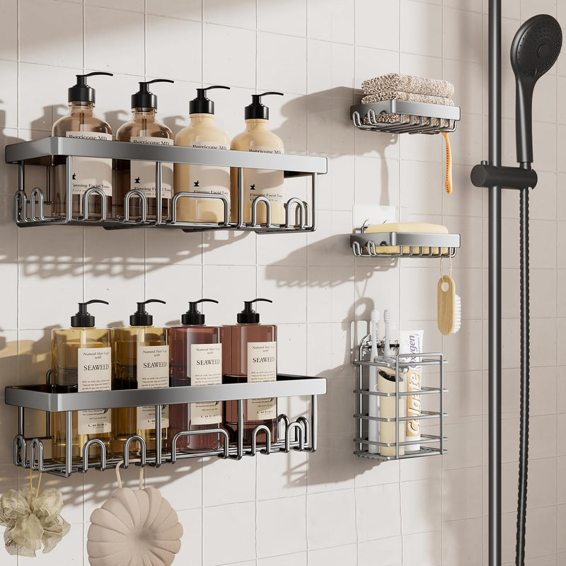 Veken 5-Piece Adhesive Shower Caddy Set, No-Drill Rust-Resistant Shower Shelves with Soap and Toothbrush Holders-zoom-