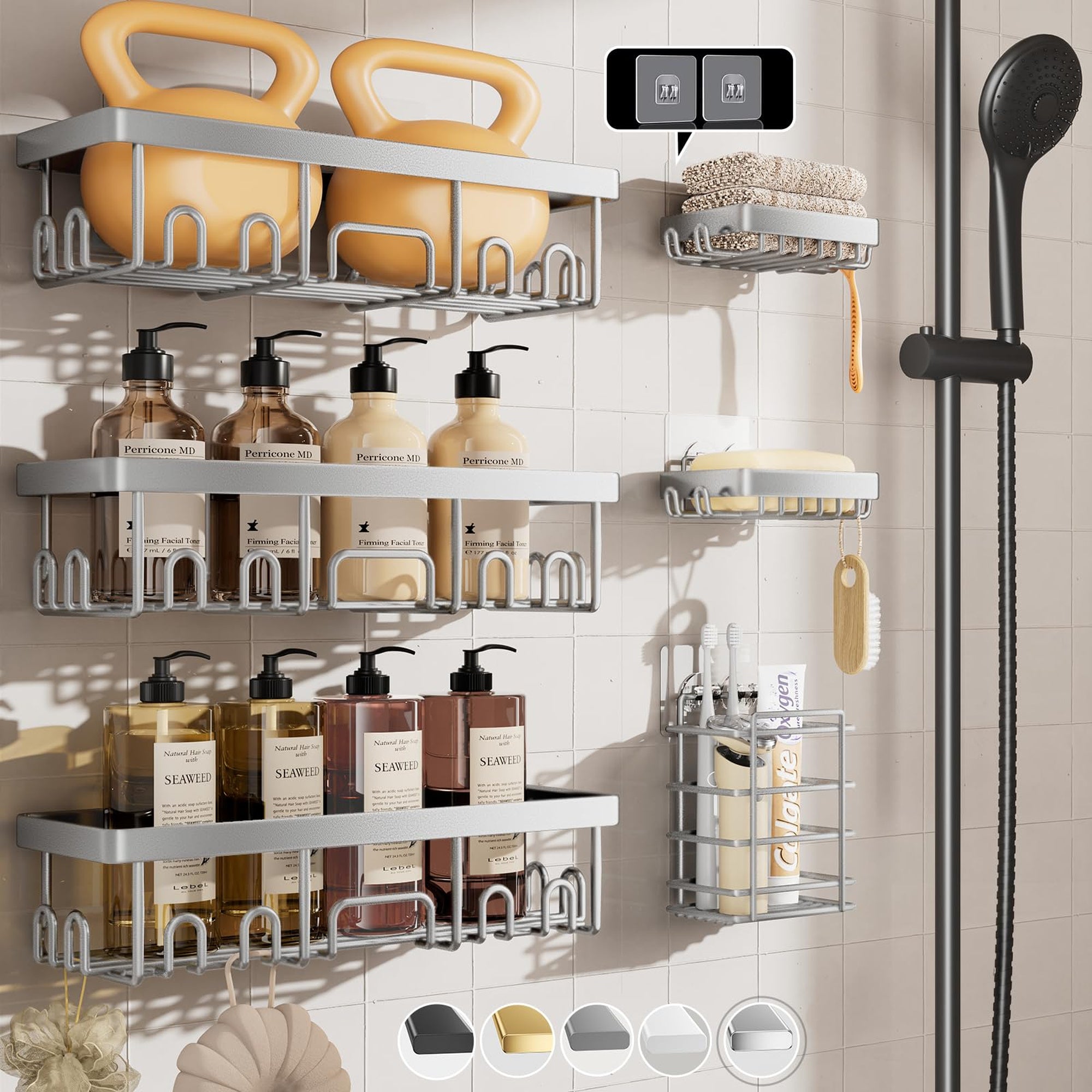 Veken Shower Caddy 6-Pack, No Drill Rustproof Waterproof Adhesive Shelves Rack, Large Capacity Bathroom Storage, Wall Mounted Kitchen & Home Decor-zoom-13