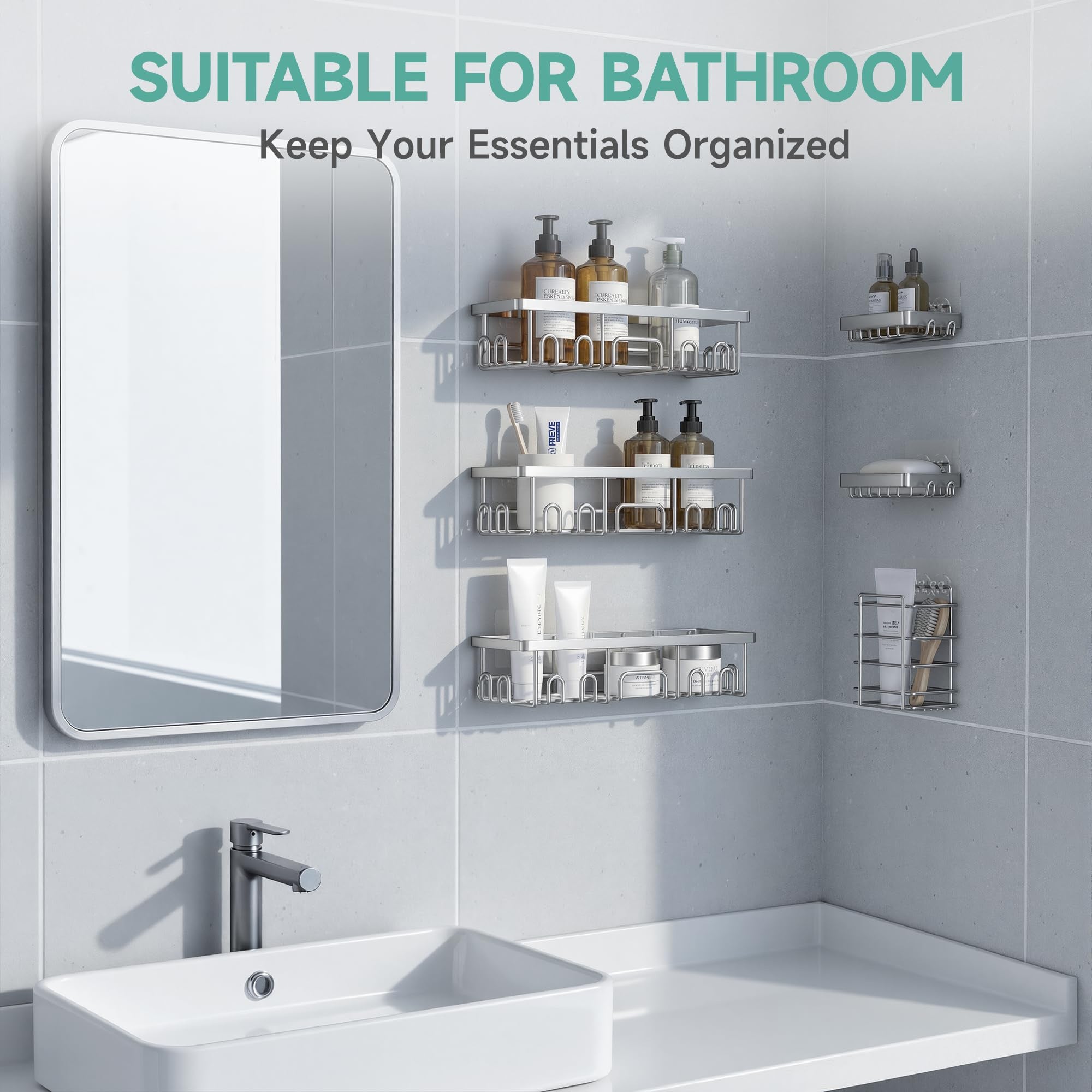 Veken Shower Caddy 6-Pack, No Drill Rustproof Waterproof Adhesive Shelves Rack, Large Capacity Bathroom Storage, Wall Mounted Kitchen & Home Decor-zoom-6