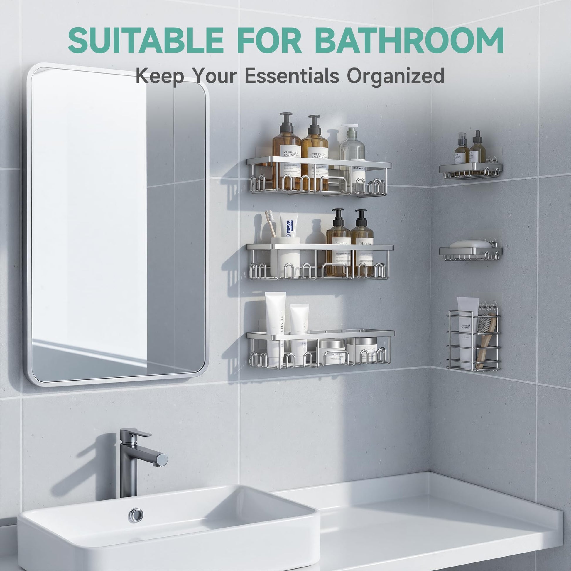 Veken Shower Caddy 6-Pack, No Drill Rustproof Waterproof Adhesive Shelves Rack, Large Capacity Bathroom Storage, Wall Mounted Kitchen & Home Decor-7