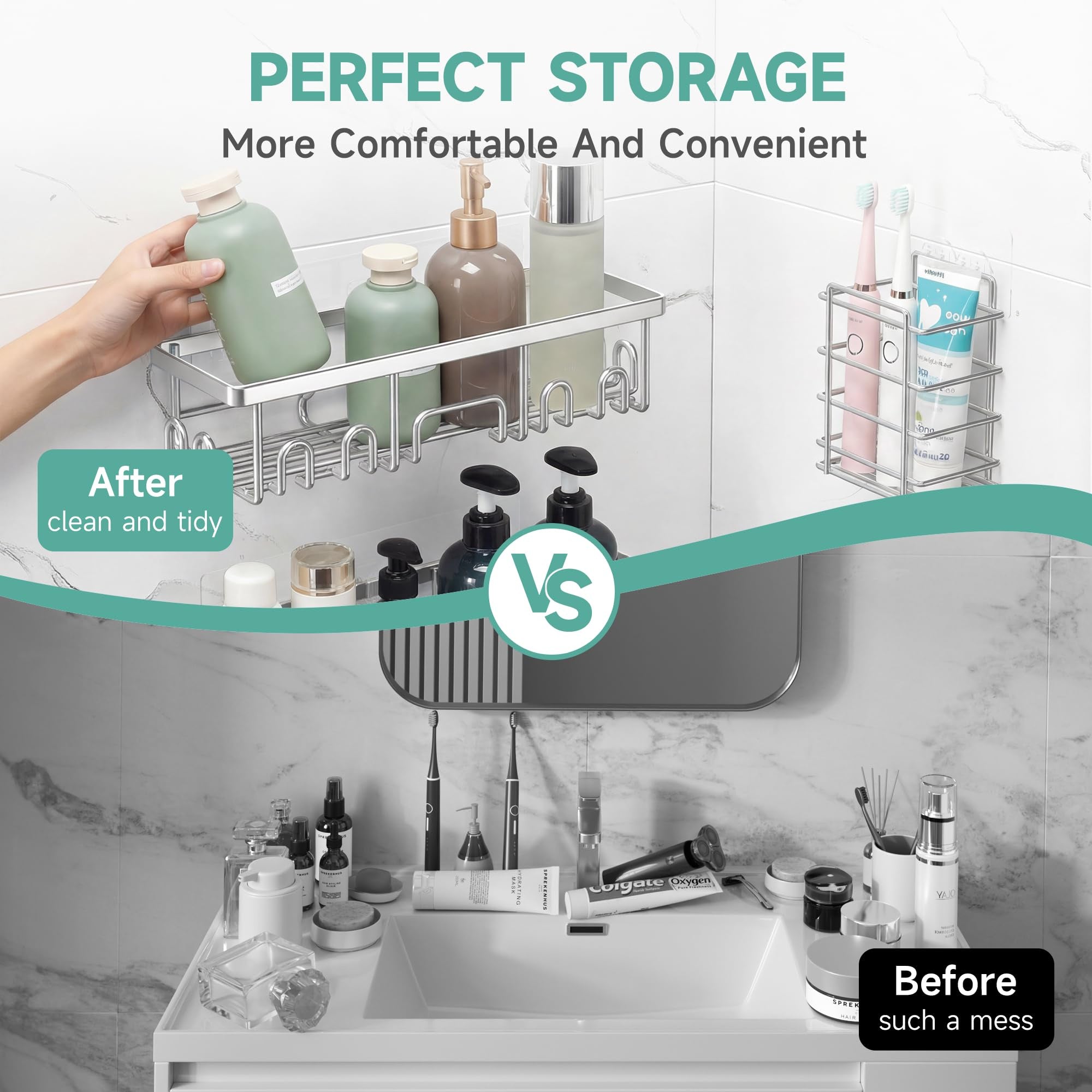 Veken Shower Caddy 6-Pack, No Drill Rustproof Waterproof Adhesive Shelves Rack, Large Capacity Bathroom Storage, Wall Mounted Kitchen & Home Decor-zoom-7