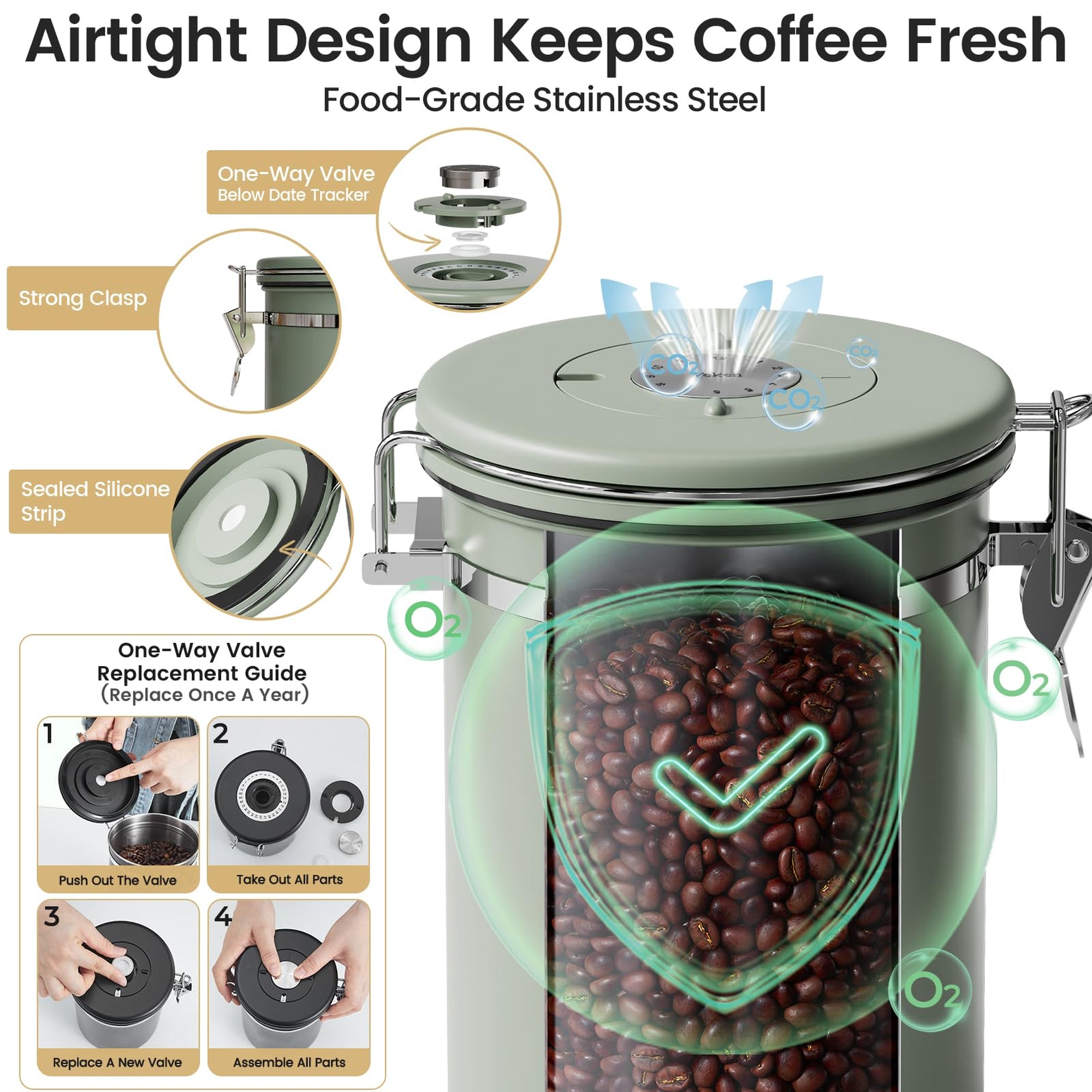 Veken Airtight Coffee Canister, Stainless Steel Storage Container with Date Tracker and Scoop for Coffee Beans Grounds Tea Sugar-zoom-107