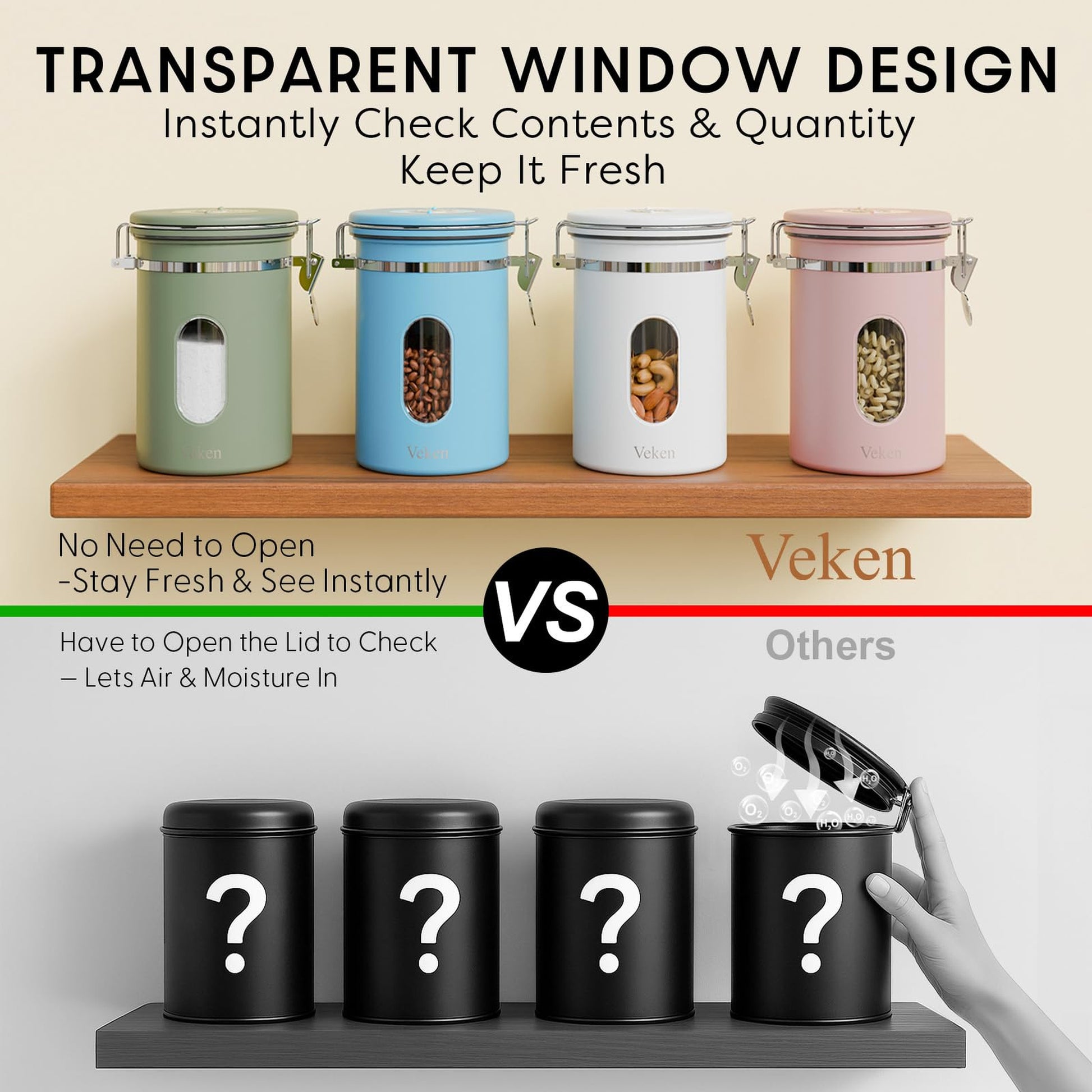 Veken Coffee Canister with Window, Airtight Stainless Steel Container-5