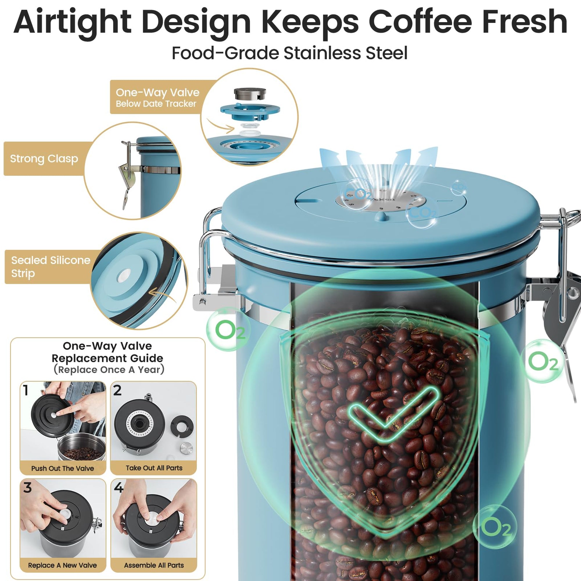 Veken Airtight Coffee Canister, Stainless Steel Storage Container with Date Tracker and Scoop for Coffee Beans Grounds Tea Sugar-zoom-83