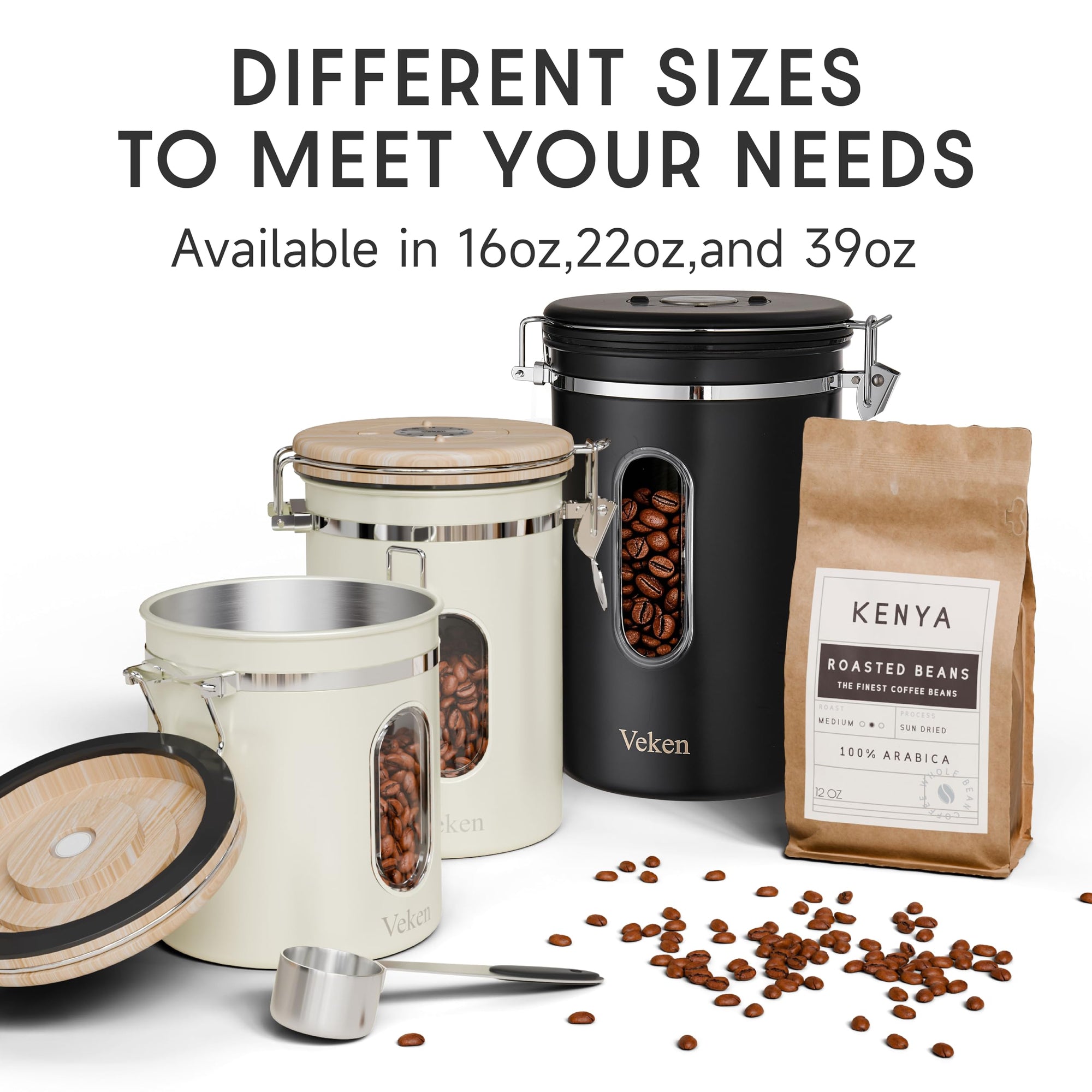Veken Coffee Canister, Airtight Stainless Steel Kitchen Food Storage Container with Date Tracker and Scoop for Beans, Grounds, Tea, Flour, Cereal, Sugar-zoom-55