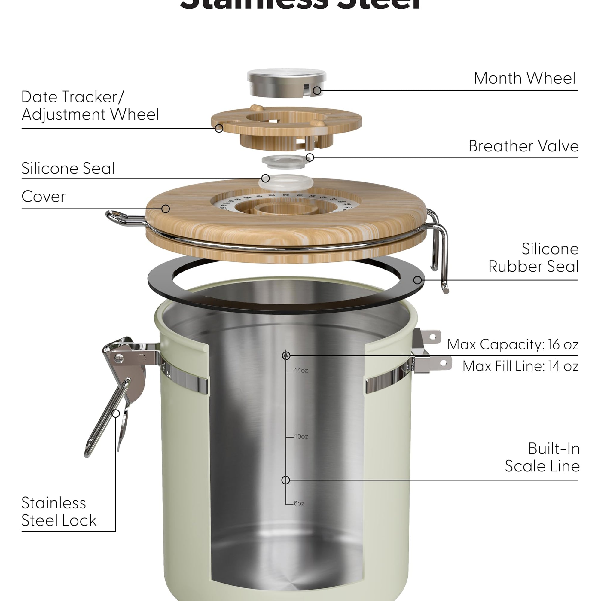 Veken Coffee Canister, Airtight Stainless Steel Kitchen Food Storage Container with Date Tracker and Scoop for Beans, Grounds, Tea, Flour, Cereal, Sugar-zoom-62