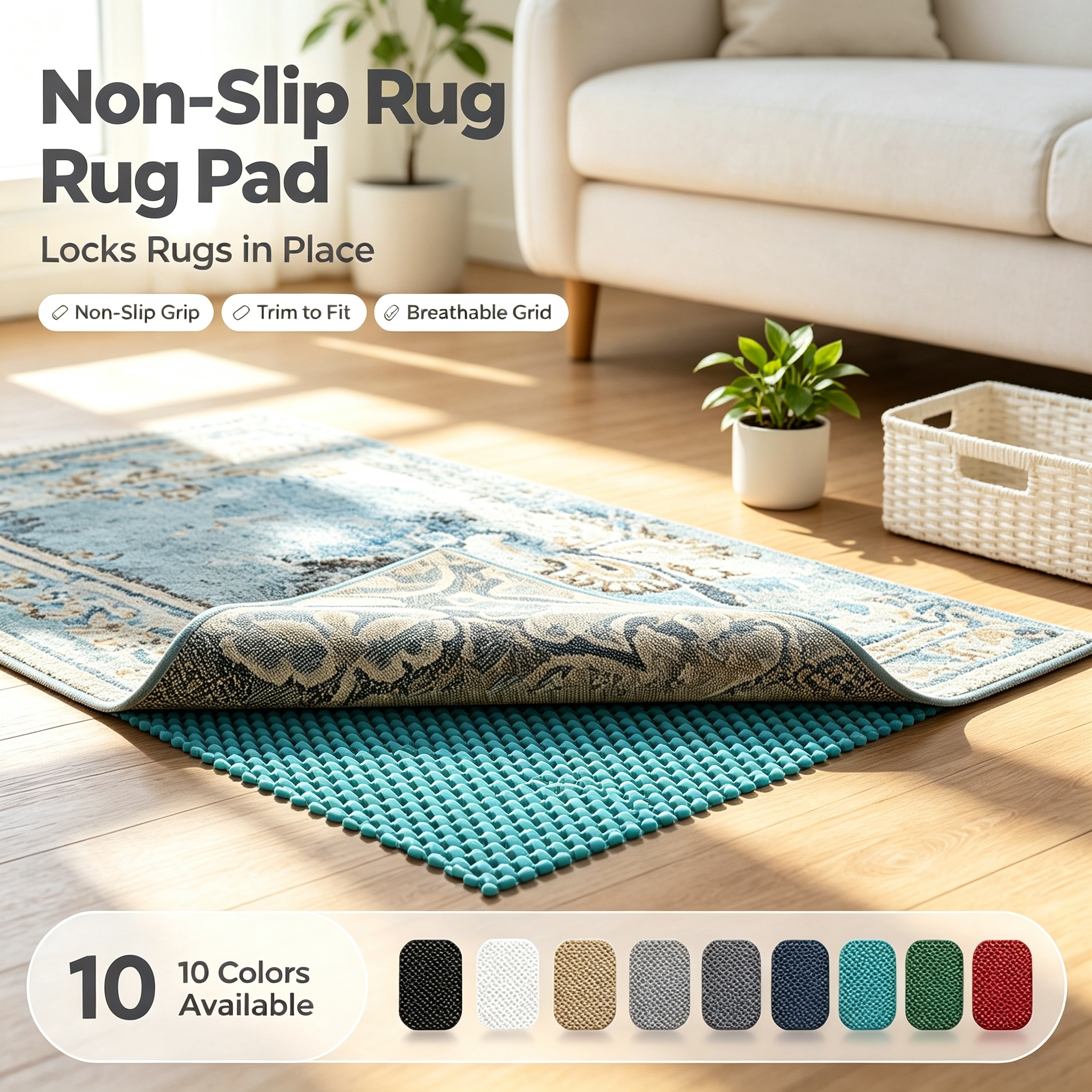 Veken Rug Pad Gripper for Hardwood Floors, Thick Non Slip Rug Pads for Area Rugs-zoom-1