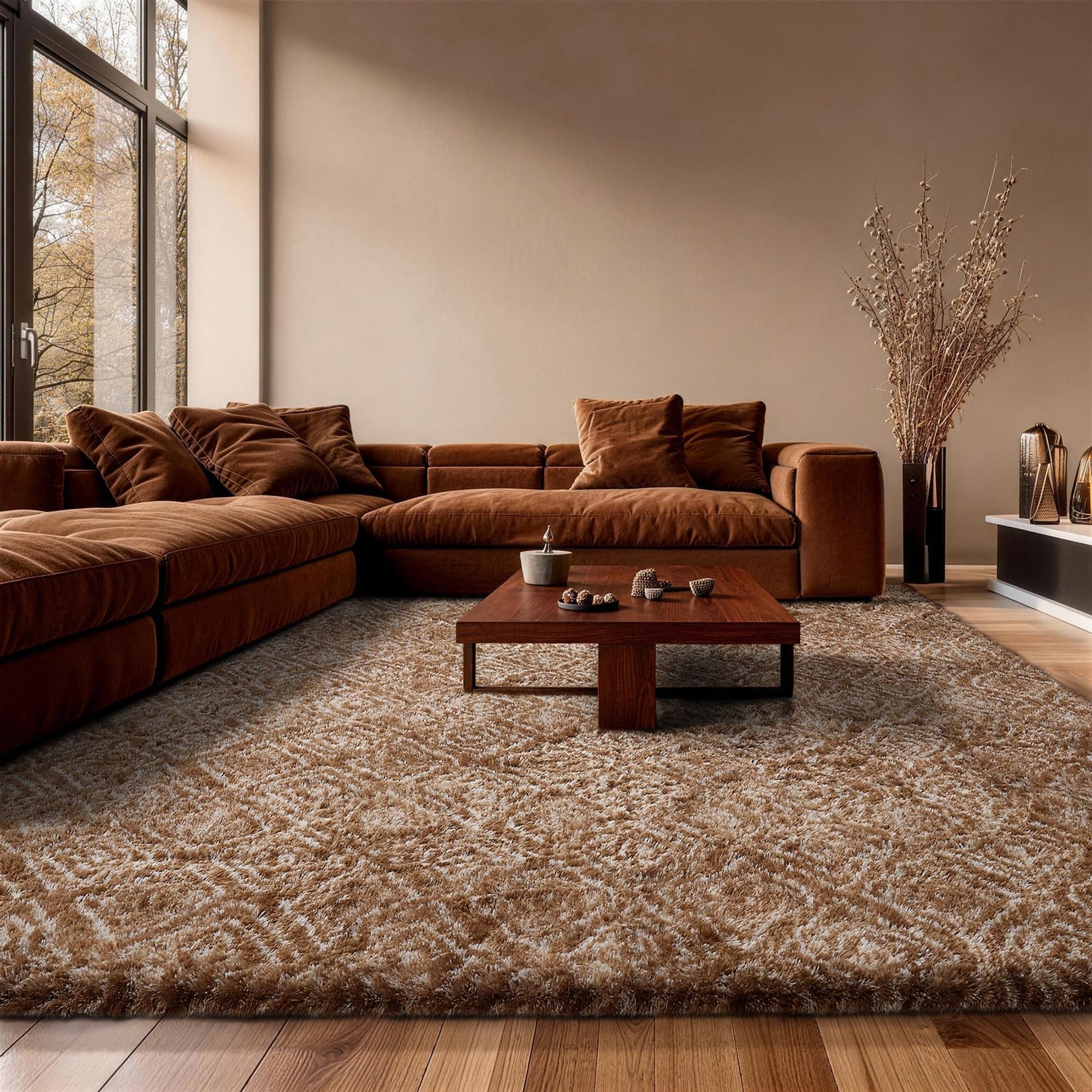 Ophanie 9x12 Brown and White Diamond Striped Rugs for Living Room,Large Fluffy Shag Fuzzy Plush Soft Carpets,Shaggy Rug for Bedroom,Carpet for Kids Boys Girls Dorm Decor with Over 99 pcs Pile fibers