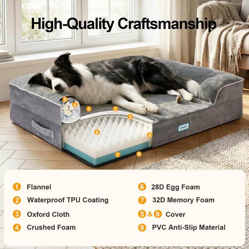 OhGeni Orthopedic Dog Bed 38 Inch, Memory Foam Couch Sofa for Large Dogs, Machine Washable Waterproof Cat Bed, Gray-zoom-