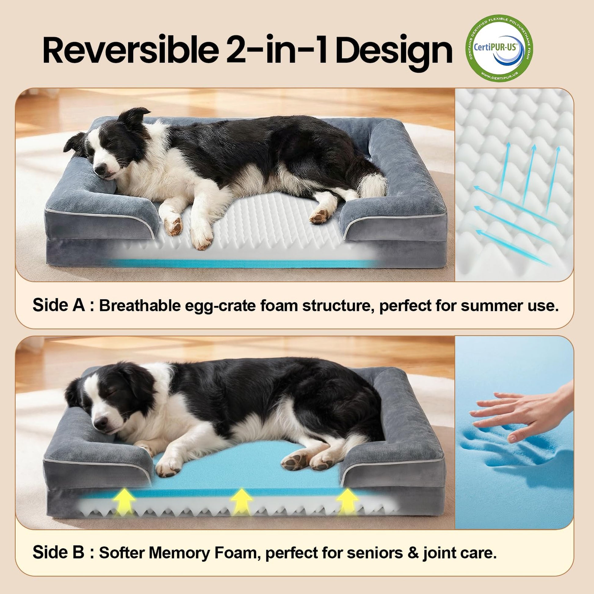 OhGeni Orthopedic Dog Bed 38 Inch, Memory Foam Couch Sofa for Large Dogs, Machine Washable Waterproof Cat Bed, Gray-5