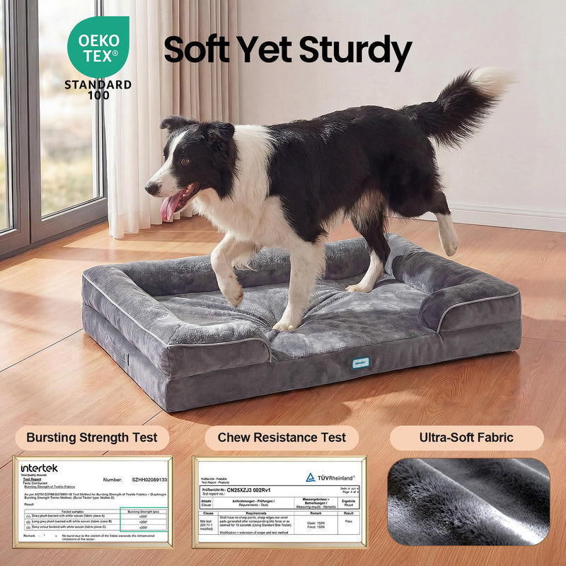 OhGeni Orthopedic Dog Bed 38 Inch, Memory Foam Couch Sofa for Large Dogs, Machine Washable Waterproof Cat Bed, Gray-zoom-