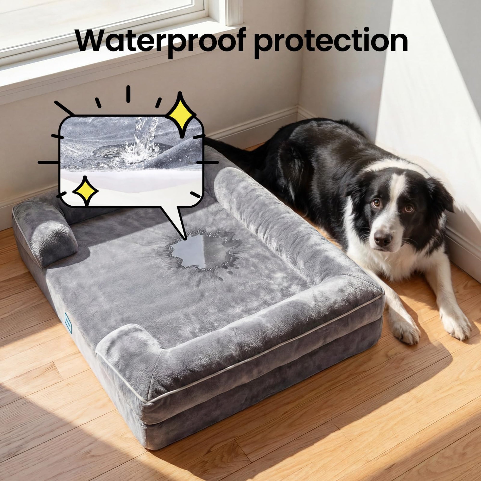 OhGeni Orthopedic Dog Bed 38 Inch, Memory Foam Couch Sofa for Large Dogs, Machine Washable Waterproof Cat Bed, Gray-zoom-8