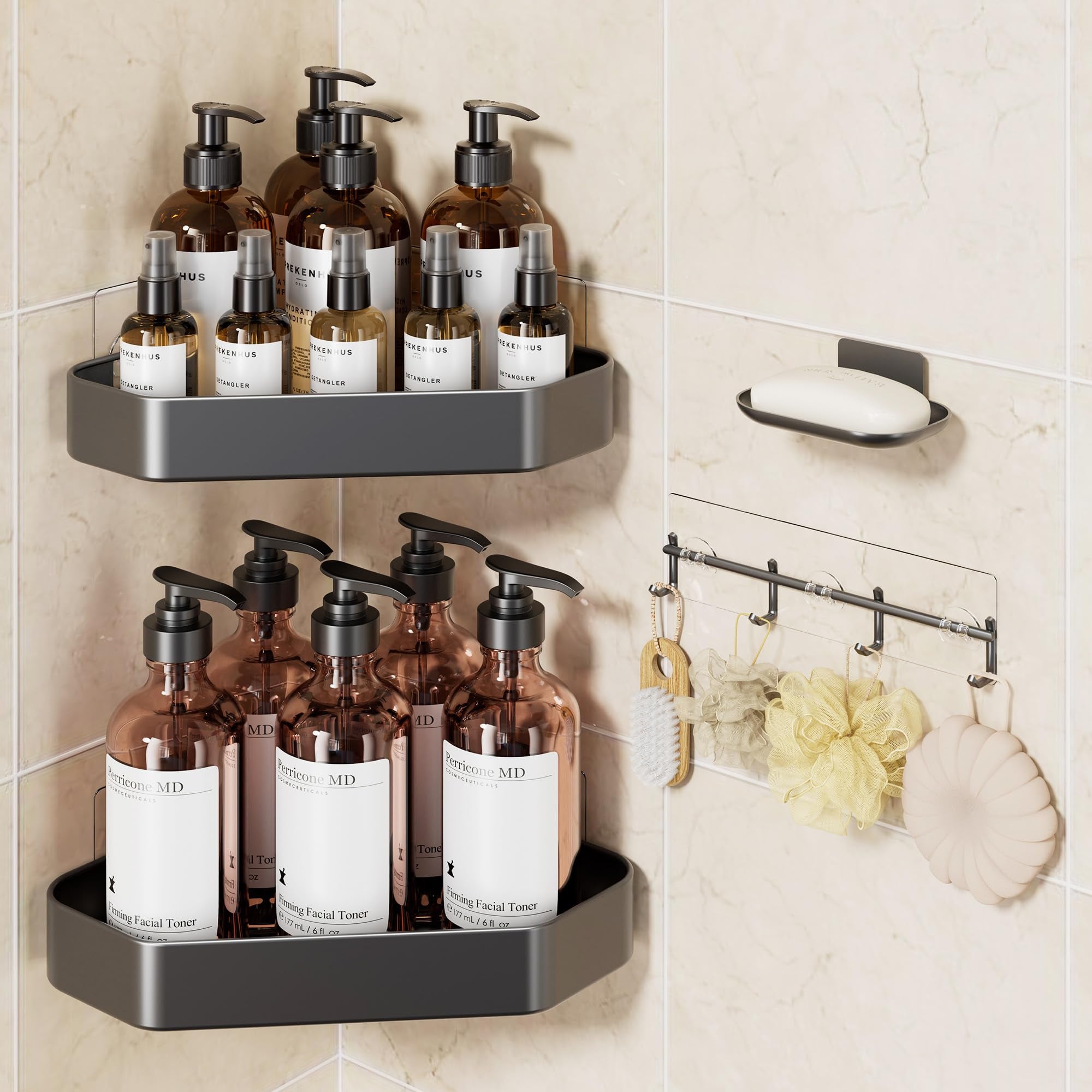 Veken 4-Pack Aluminum Adhesive Corner Shower Caddy Rustproof Wall-Mounted with Soap Holder - Silver-zoom-2