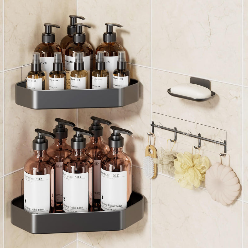 Veken 4-Pack Aluminum Adhesive Corner Shower Caddy Rustproof Wall-Mounted with Soap Holder - Silver-zoom-