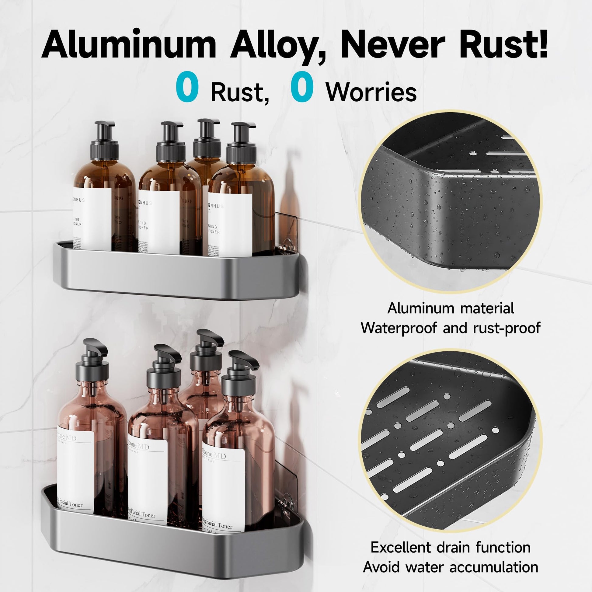 Veken 4-Pack Aluminum Adhesive Corner Shower Caddy Rustproof Wall-Mounted with Soap Holder - Silver-3