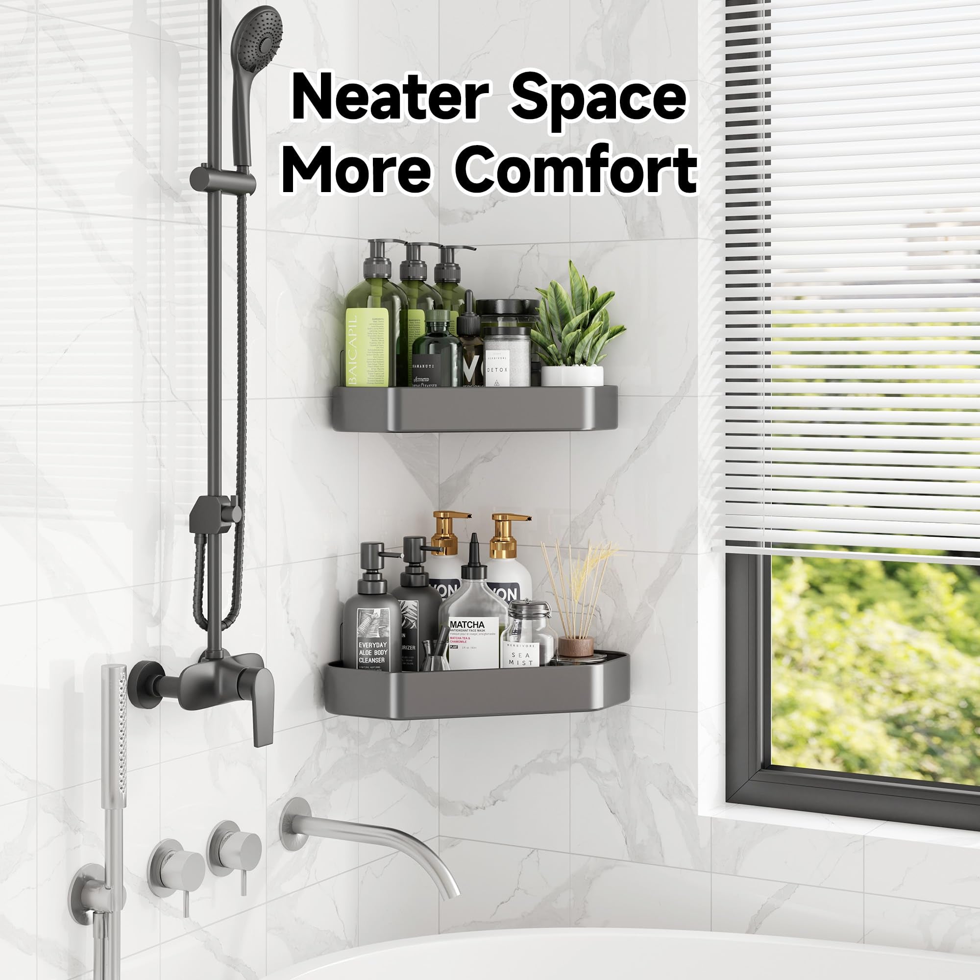 Veken 4-Pack Aluminum Adhesive Corner Shower Caddy Rustproof Wall-Mounted with Soap Holder - Silver-zoom-6