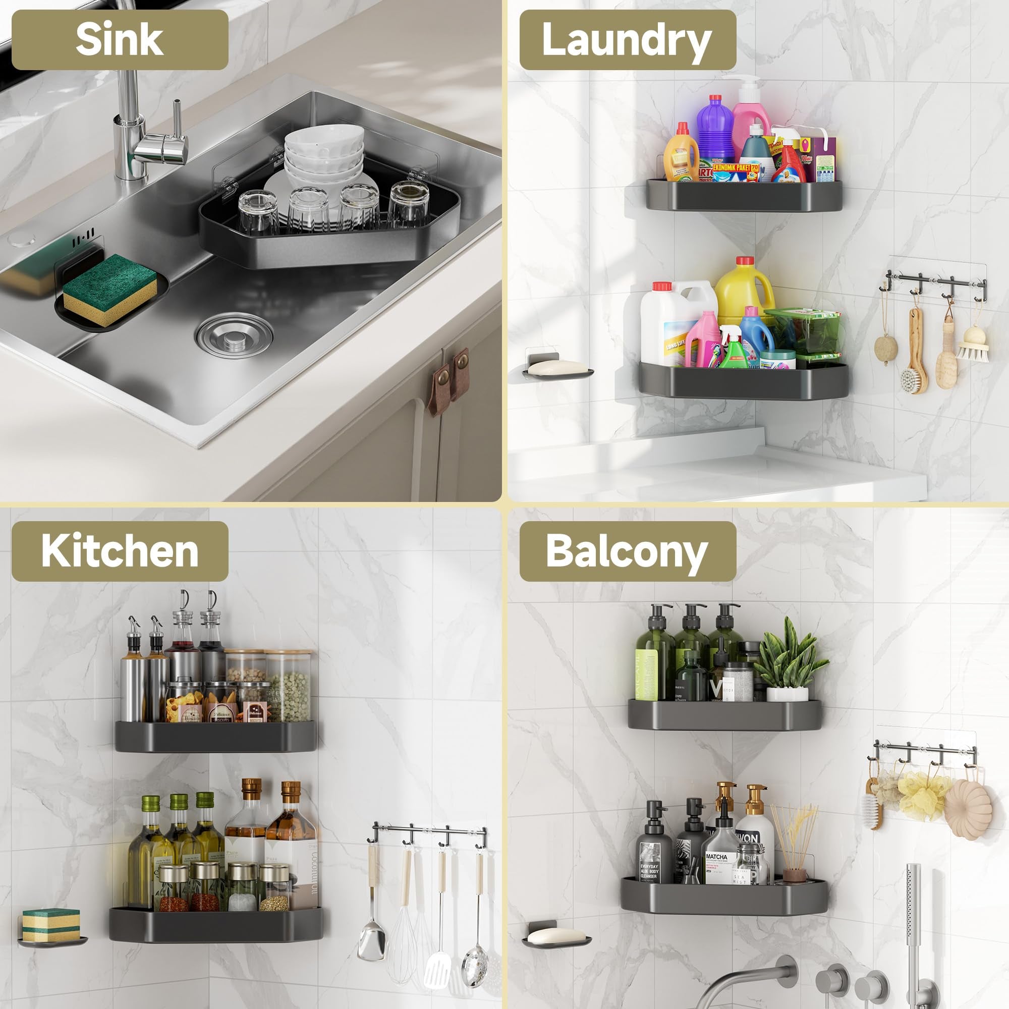 Veken 4-Pack Aluminum Adhesive Corner Shower Caddy Rustproof Wall-Mounted with Soap Holder - Silver-zoom-8