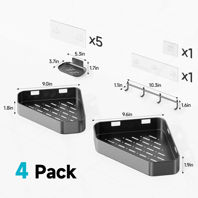 Veken 4-Pack Aluminum Adhesive Corner Shower Caddy Rustproof Wall-Mounted with Soap Holder - Silver-zoom-