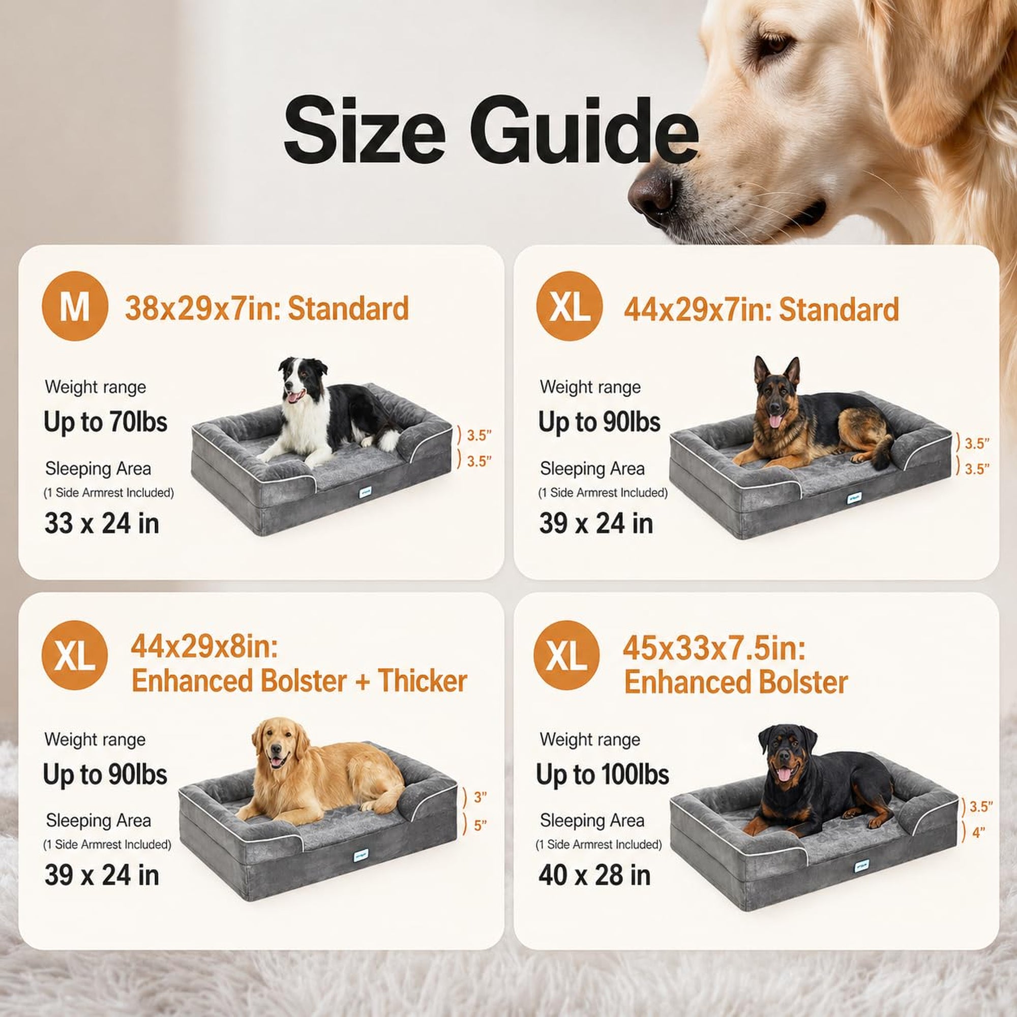 OhGeni Orthopedic Dog Bed 44 Inch, Memory Foam Couch Sofa for Extra Large Dogs, Machine Washable Waterproof Cat Bed, Gray Thick-zoom-3