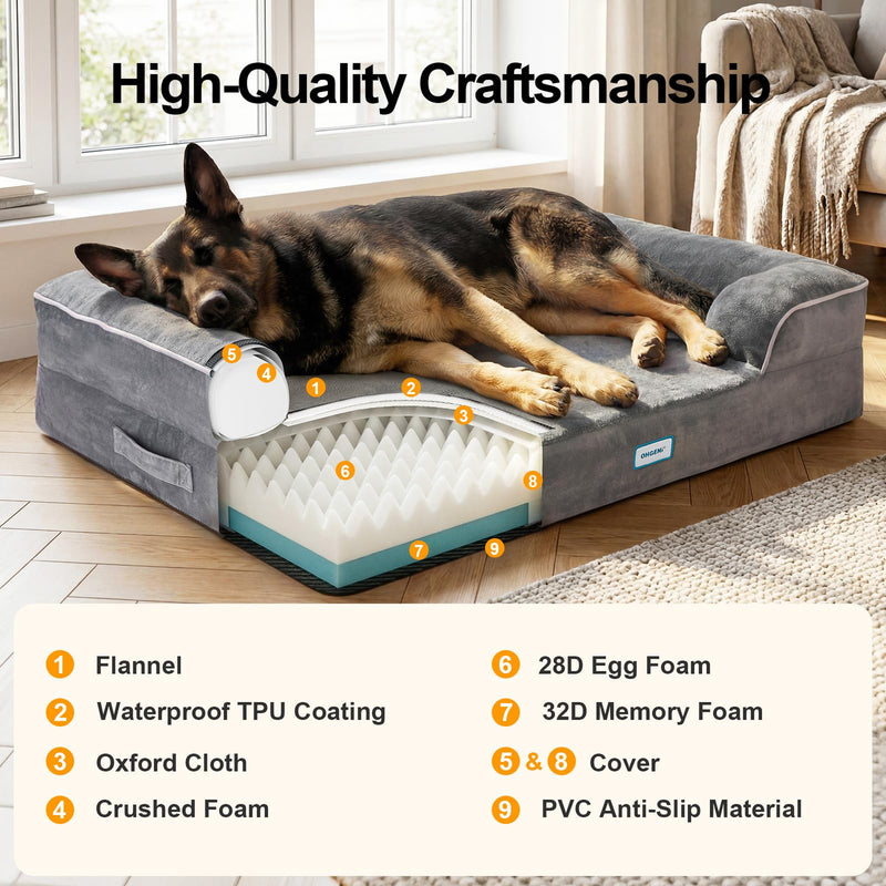 OhGeni Orthopedic Dog Bed 44 Inch, Memory Foam Couch Sofa for Extra Large Dogs, Machine Washable Waterproof Cat Bed, Gray Thick-zoom-