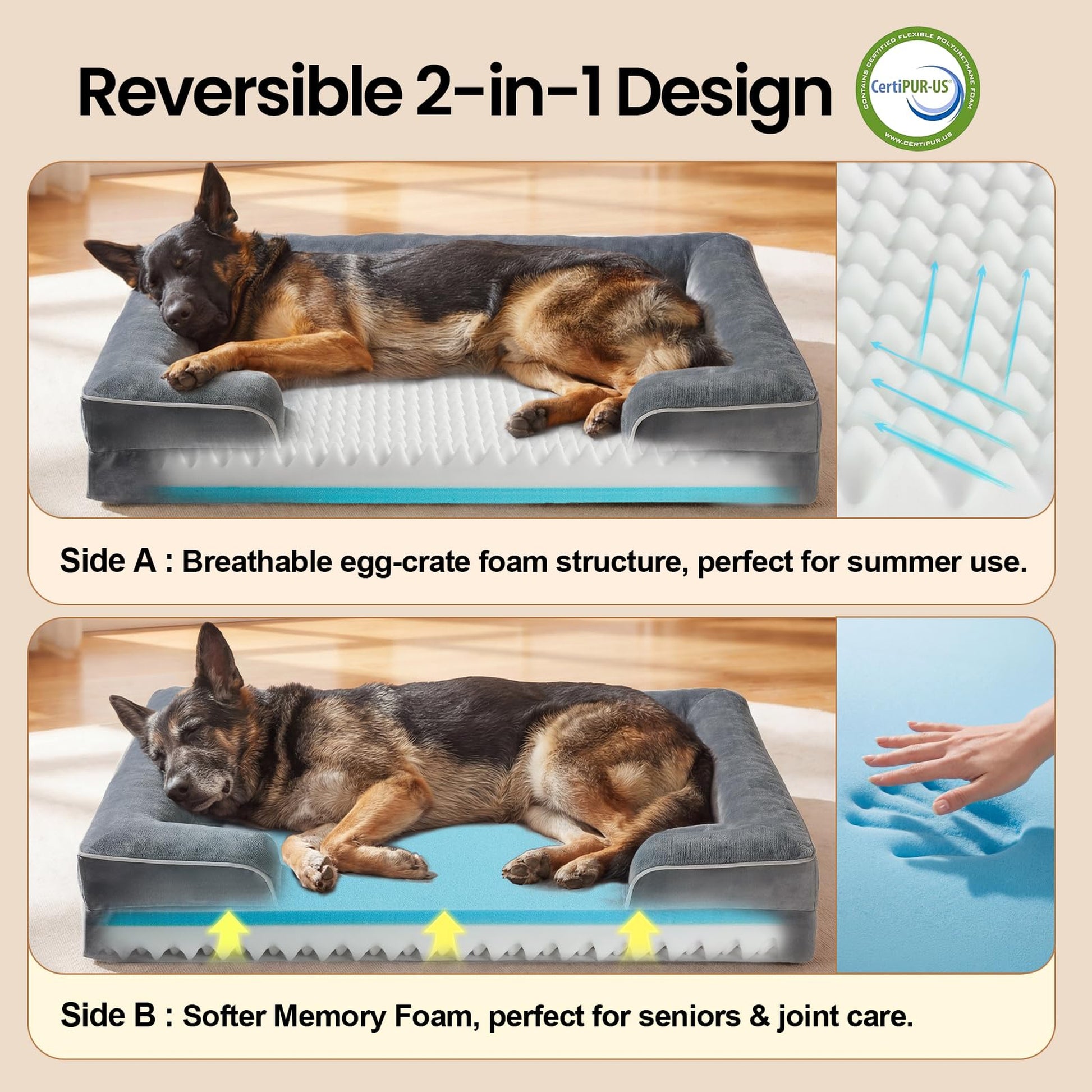 OhGeni Orthopedic Dog Bed 44 Inch, Memory Foam Couch Sofa for Extra Large Dogs, Machine Washable Waterproof Cat Bed, Gray Thick-6