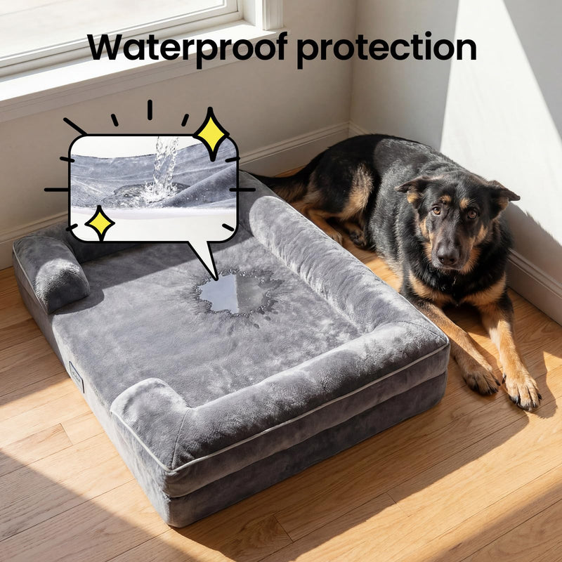 OhGeni Orthopedic Dog Bed 44 Inch, Memory Foam Couch Sofa for Extra Large Dogs, Machine Washable Waterproof Cat Bed, Gray Thick-zoom-