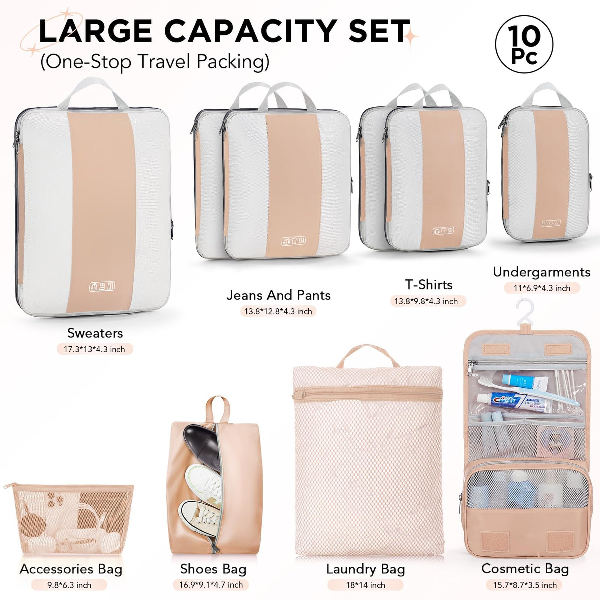 OlarHike Compression Packing Cubes Expandable Suitcase Organizer - Gold 10-Pack-4
