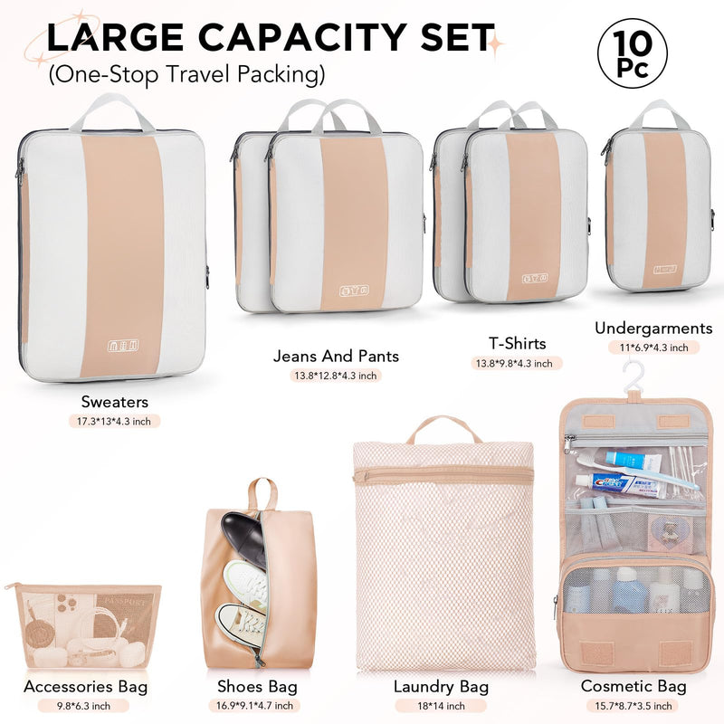 OlarHike Compression Packing Cubes Expandable Suitcase Organizer - Gold 10-Pack-zoom-
