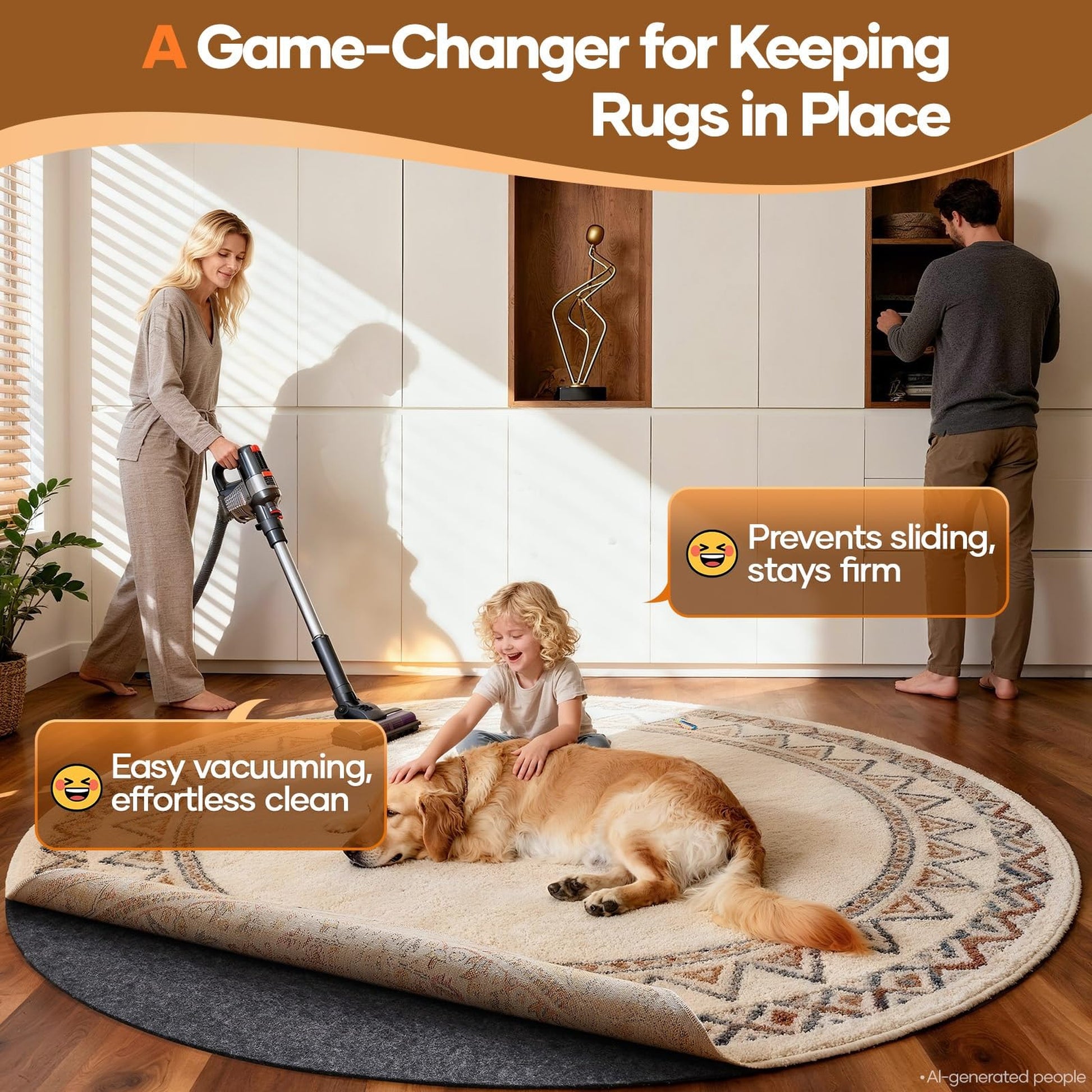 Veken Non-Slip Rug Pad, Anti-Skid Carpet Underlay for Hardwood Floors, Keeps Area Rugs Securely in Place & Protects Finishes-9