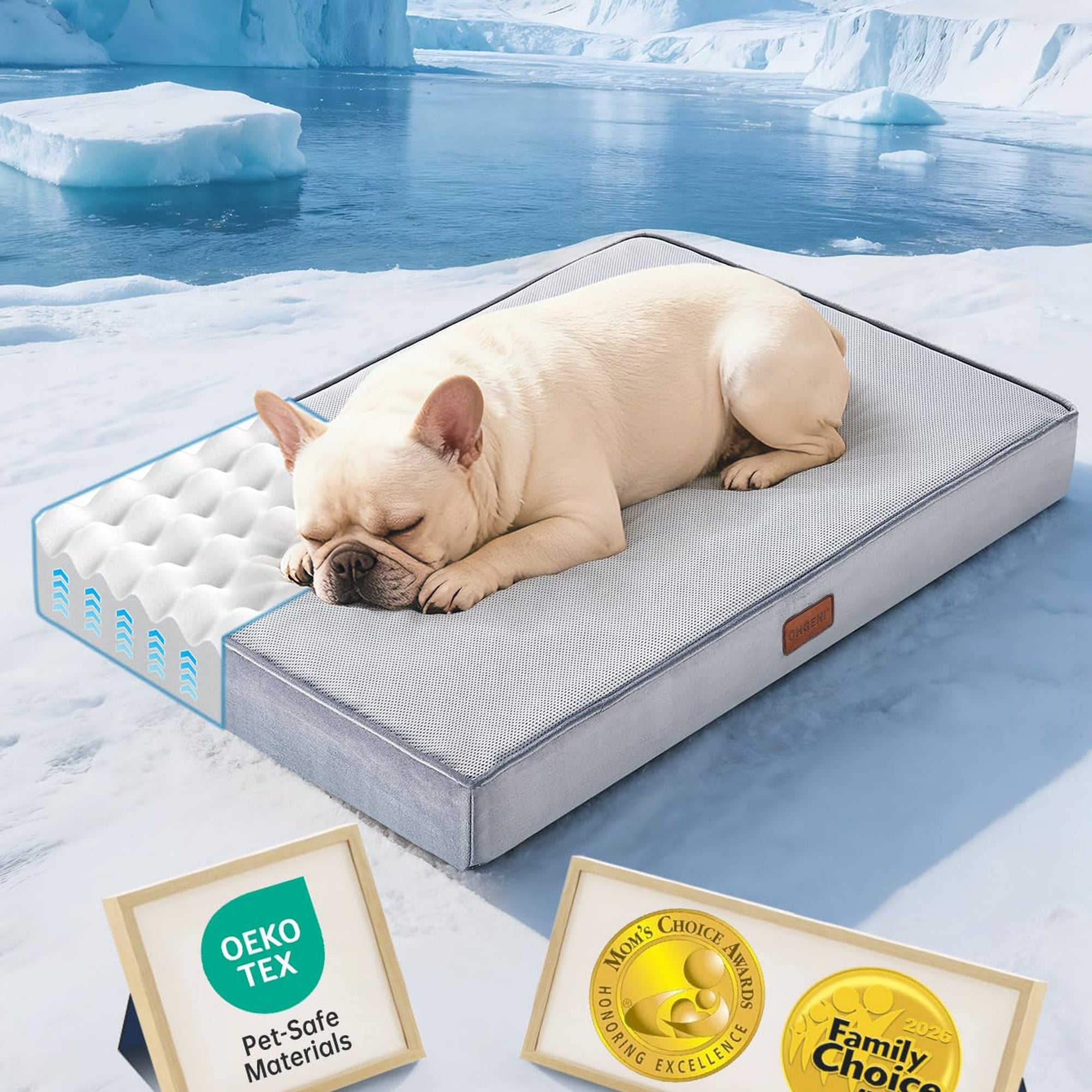 OhGeni Orthopedic Cooling Dog Bed with Machine-Washable Removable Cover & High-Density Foam 30" - Gray-zoom-2