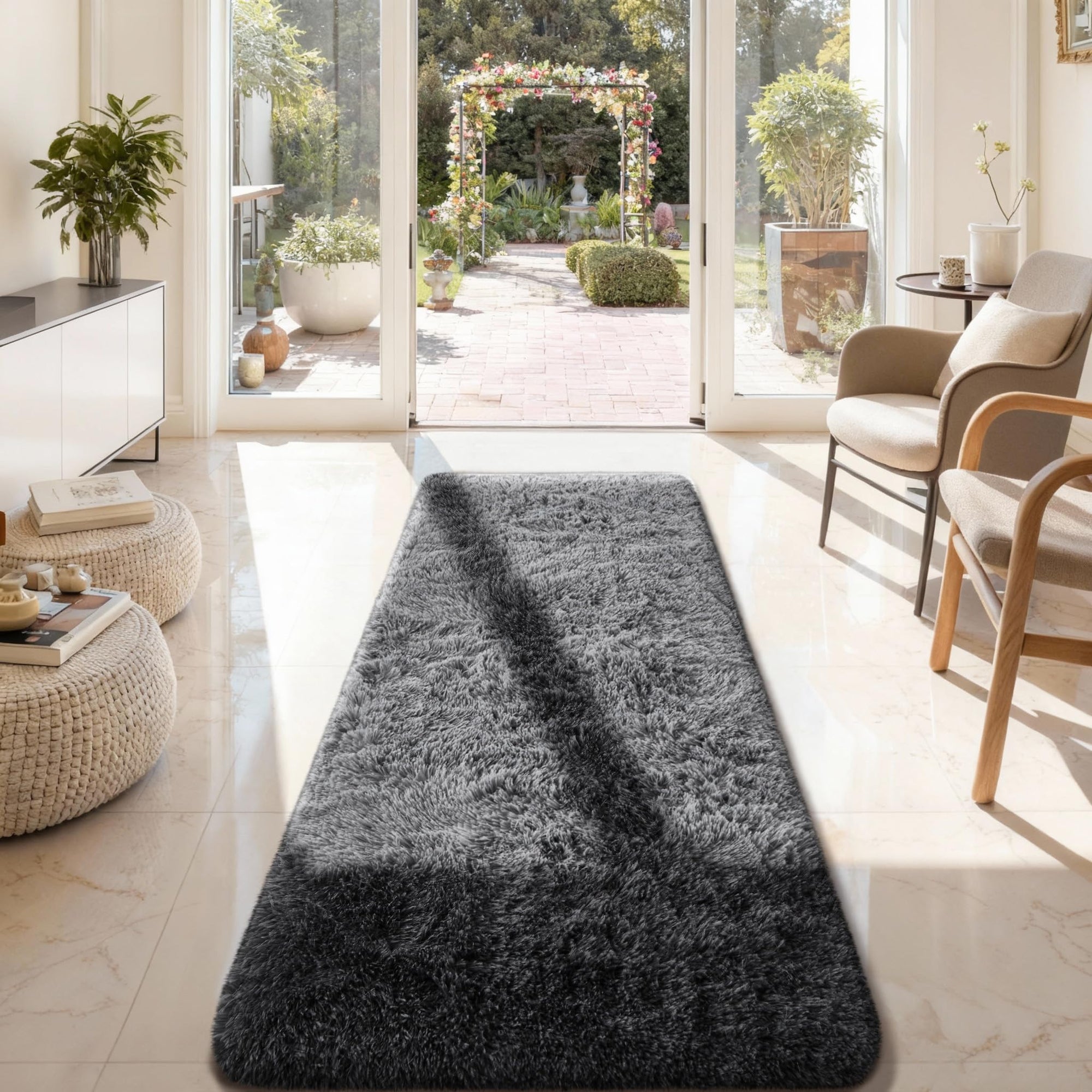 Ophanie 2' x 7' Fluffy Soft Shaggy Washable Non-Slip Runner Rug - Grey