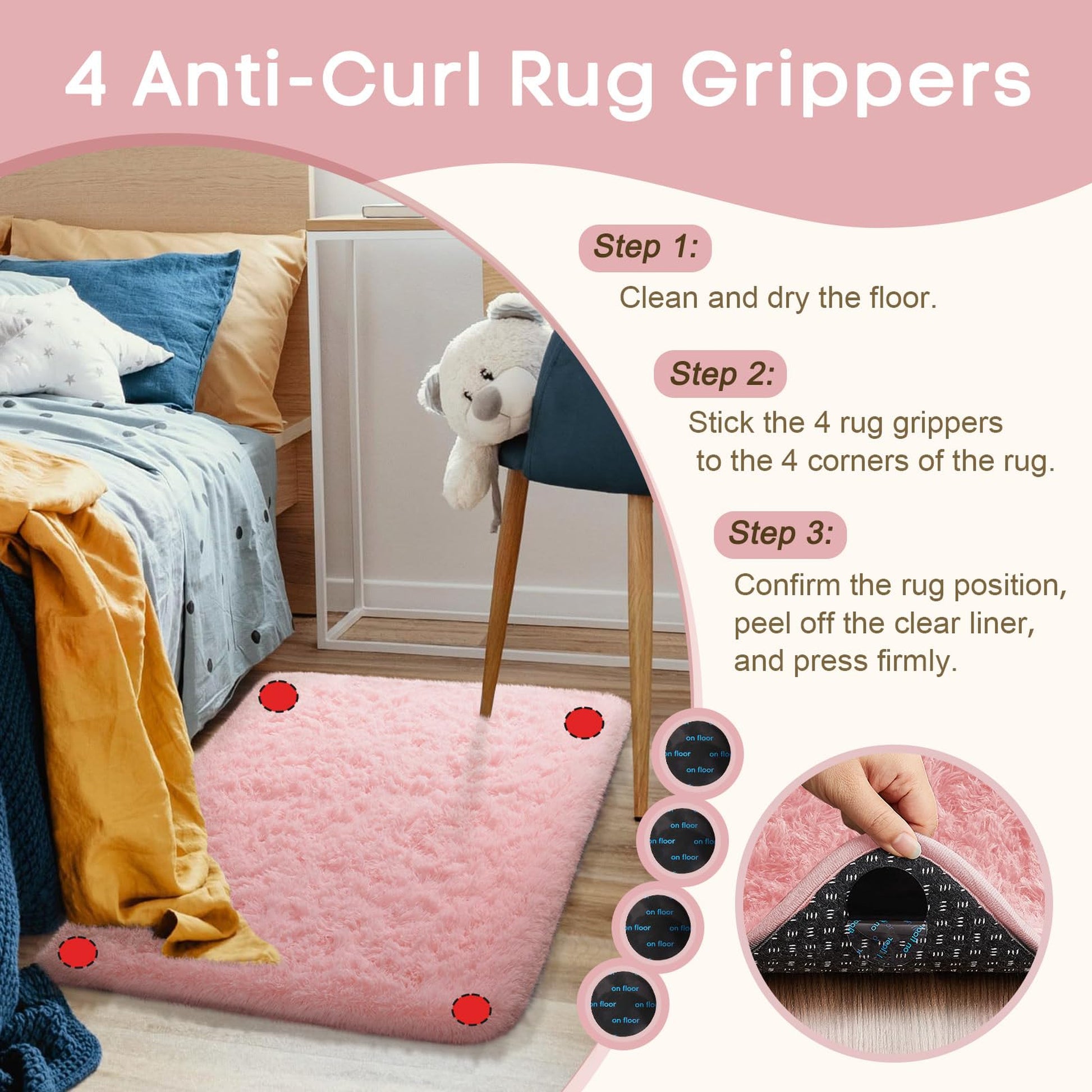 Ophanie 2' x 3' Fluffy Soft Washable Non-Slip Area Rug - Pink-3