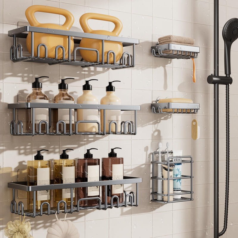 Veken 6-Pack Adhesive Rustproof Wall-Mounted Shower Caddy with Soap Holder - Silver Gray-zoom-