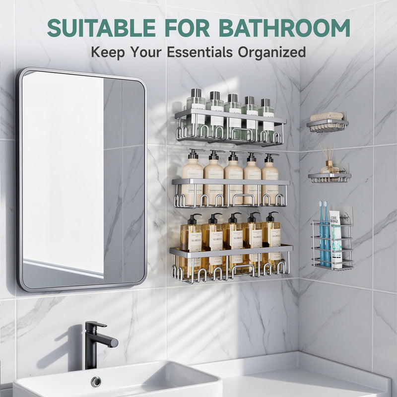 Veken 6-Pack Adhesive Rustproof Wall-Mounted Shower Caddy with Soap Holder - Silver Gray-zoom-
