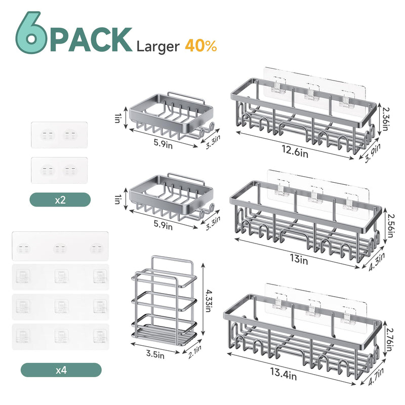 Veken 6-Pack Adhesive Rustproof Wall-Mounted Shower Caddy with Soap Holder - Silver Gray-zoom-