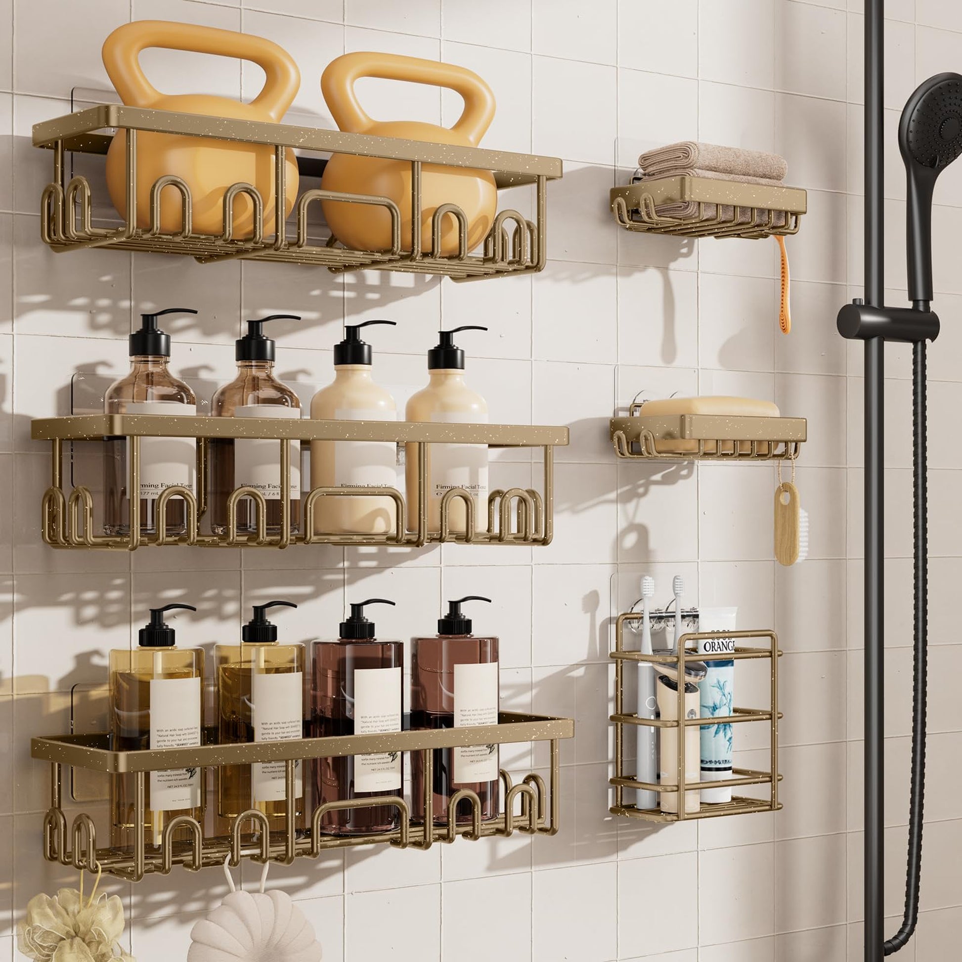 Veken 6-Pack Adhesive Rustproof Wall-Mounted Shower Caddy with Soap Holder - Matte Gold-1