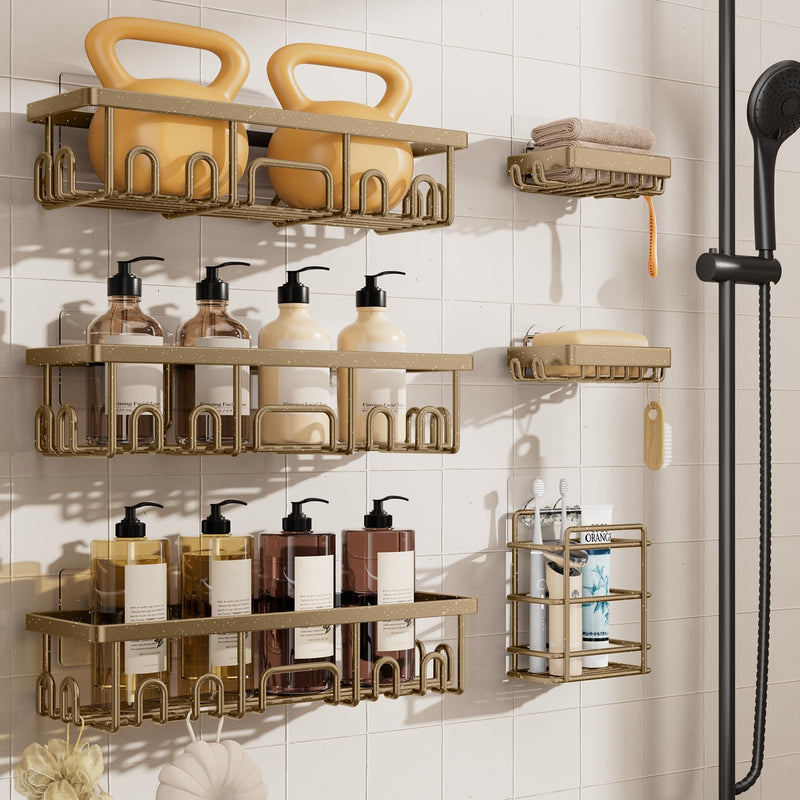 Veken 6-Pack Adhesive Rustproof Wall-Mounted Shower Caddy with Soap Holder - Matte Gold-zoom-
