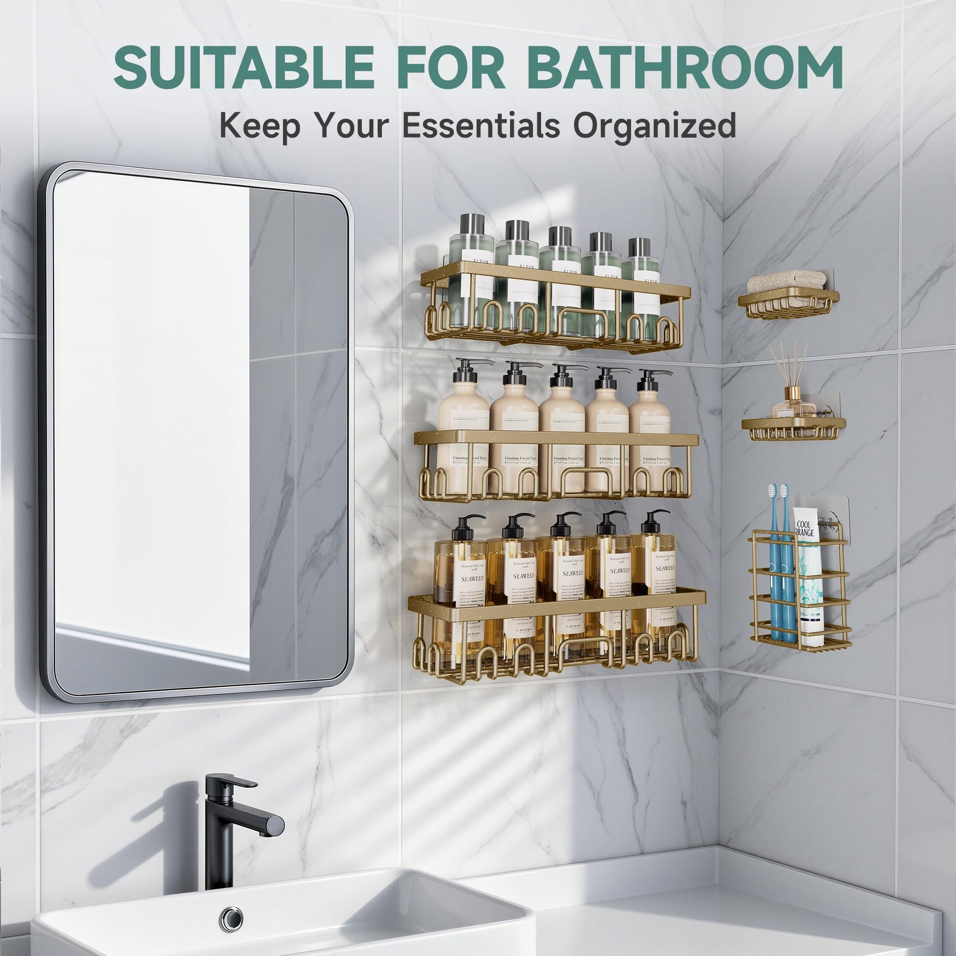 Veken 6-Pack Adhesive Rustproof Wall-Mounted Shower Caddy with Soap Holder - Matte Gold-6