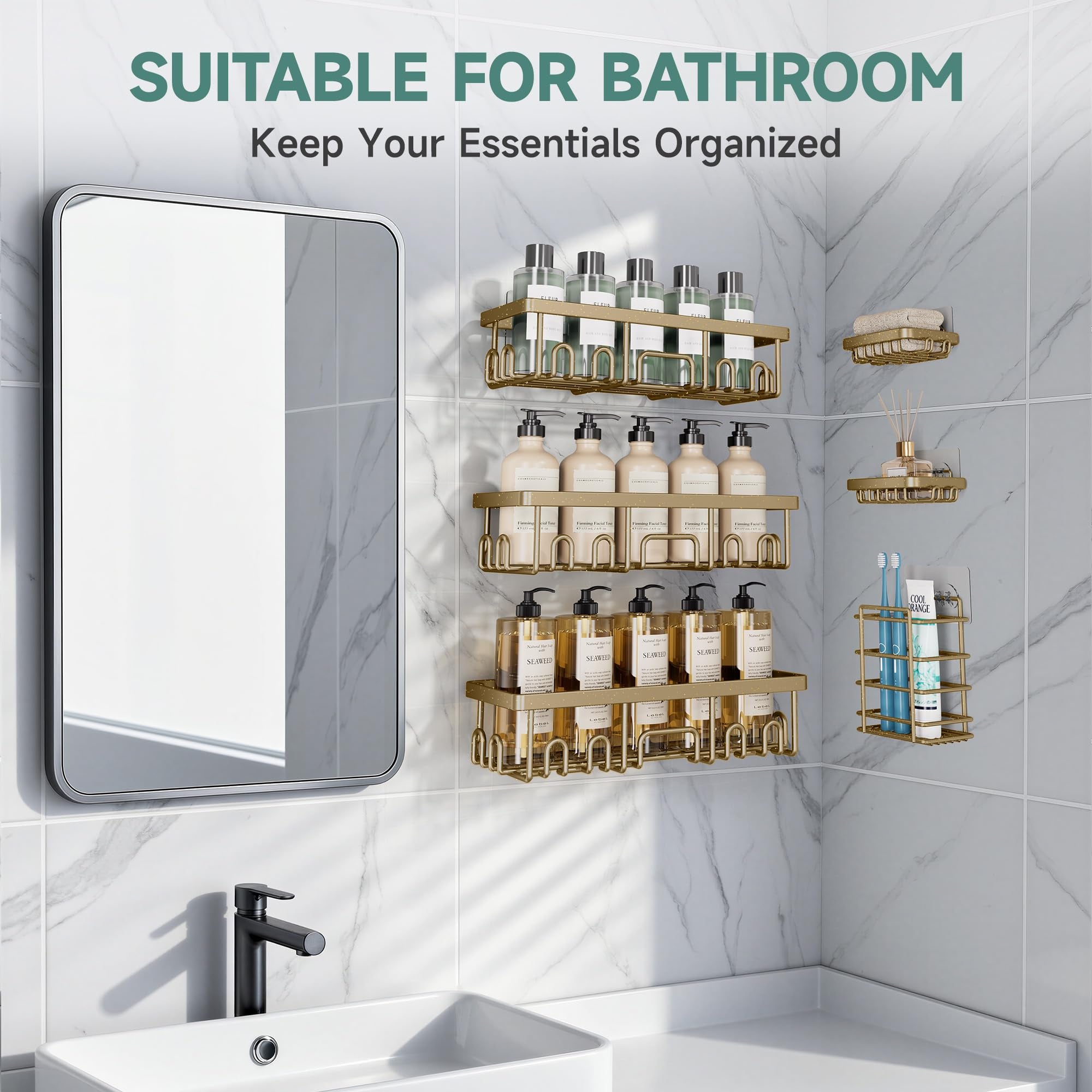 Veken 6-Pack Adhesive Rustproof Wall-Mounted Shower Caddy with Soap Holder - Matte Gold-zoom-6