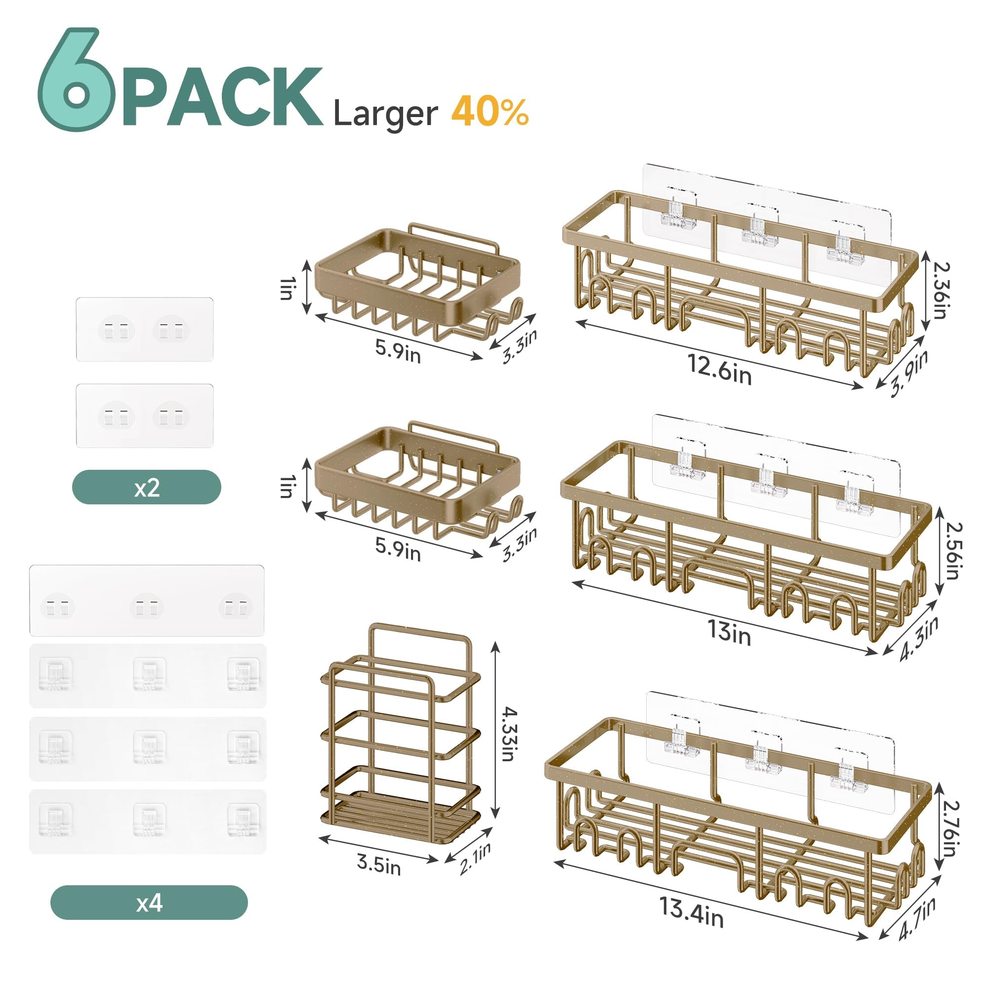 Veken 6-Pack Adhesive Rustproof Wall-Mounted Shower Caddy with Soap Holder - Matte Gold